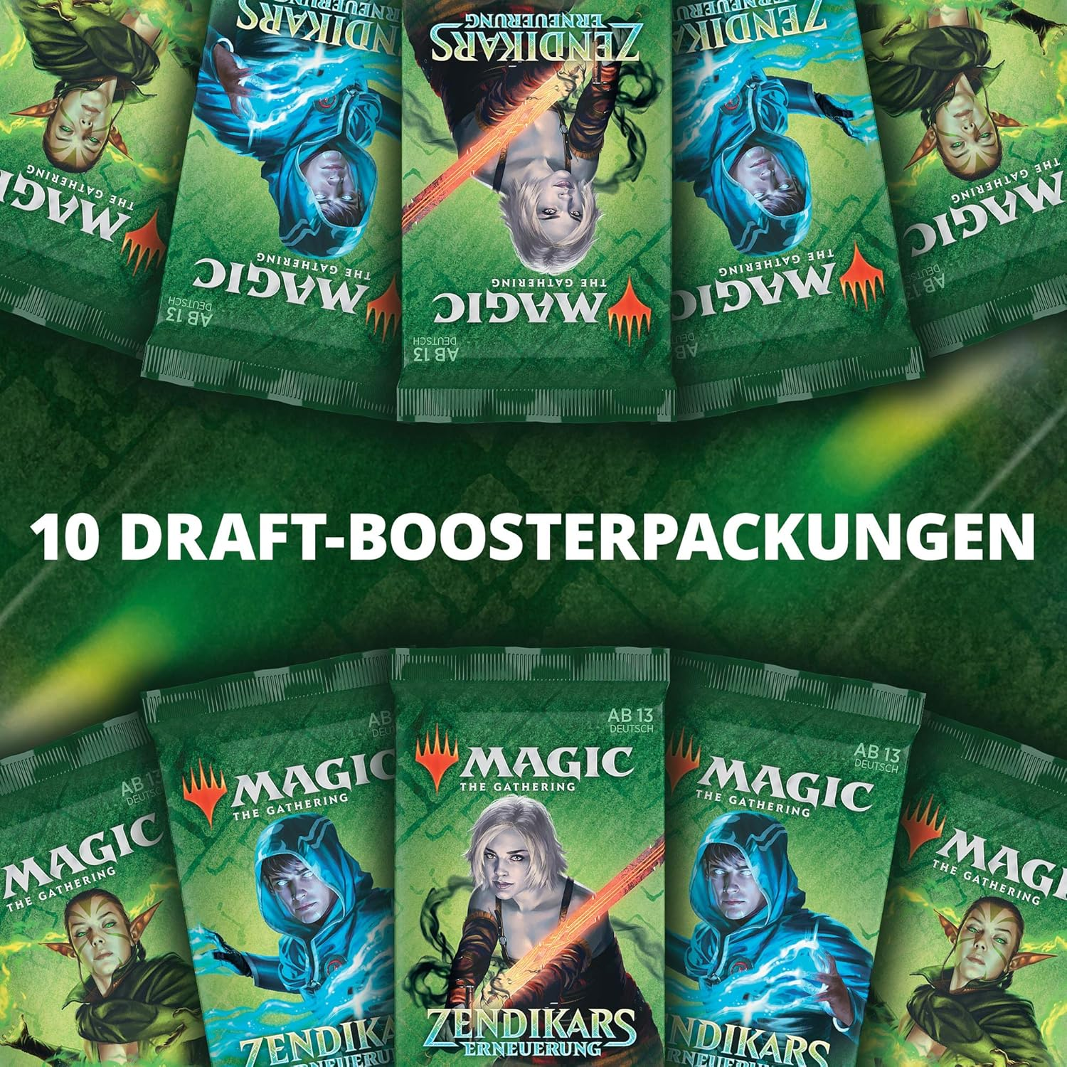 Zehn Magic: The Gathering Boosterpacks mit Charakterabbildungen und "Zendikar" Schriftzug.