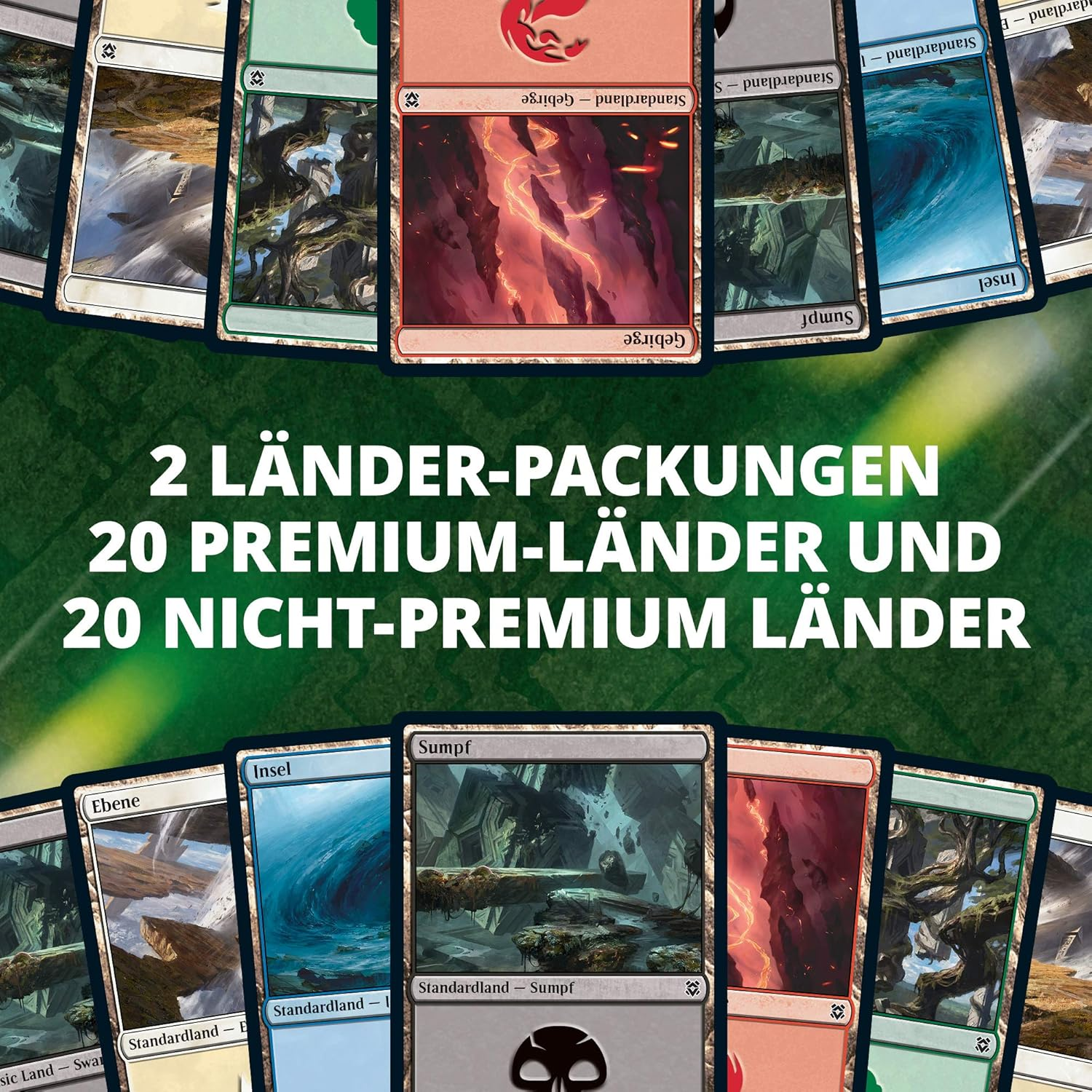 Magic: The Gathering Länderkarten. Text: 2 Länder-Packungen, 20 Premium-Länder, 20 Nicht-Premium-Länder.