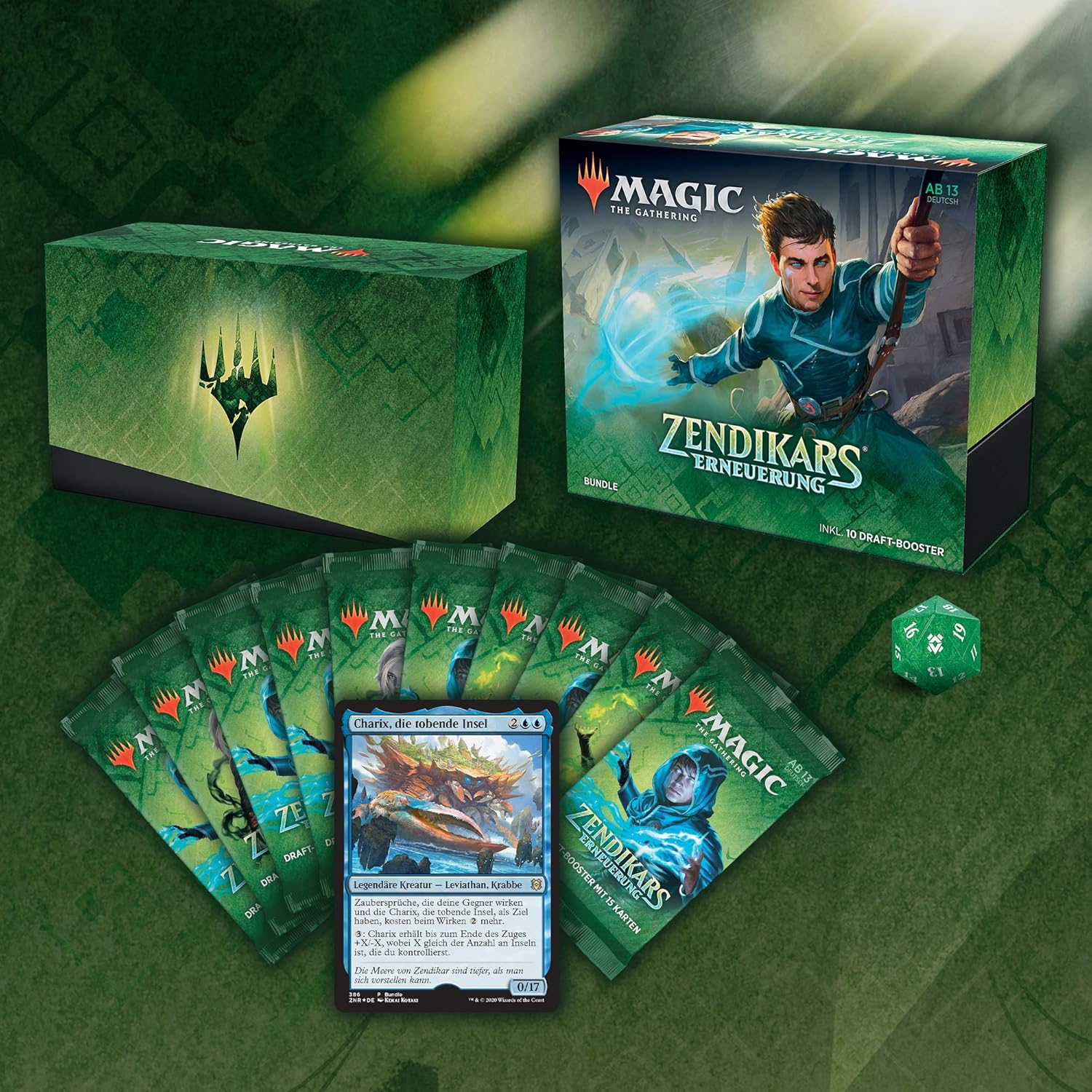 Magic: The Gathering, Zendikar Bundle mit Kartenpackungen, Würfel und Box.
