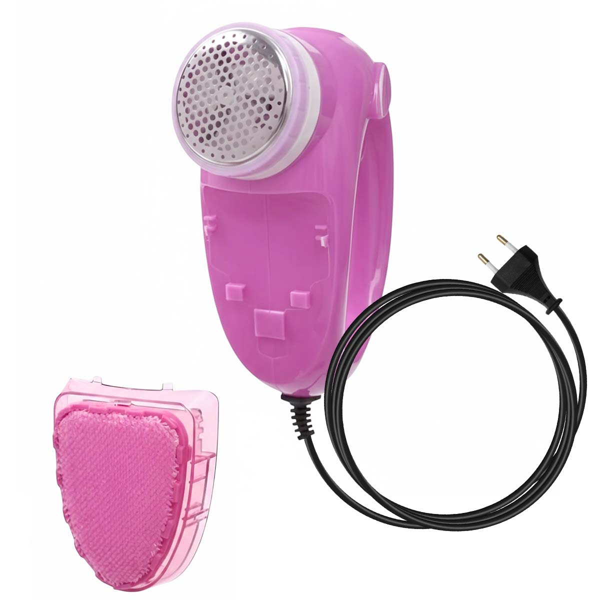 Ein pinker Fusselentferner mit schwarzem Kabel und Stecker, daneben ein rosa Ersatzaufsatz.