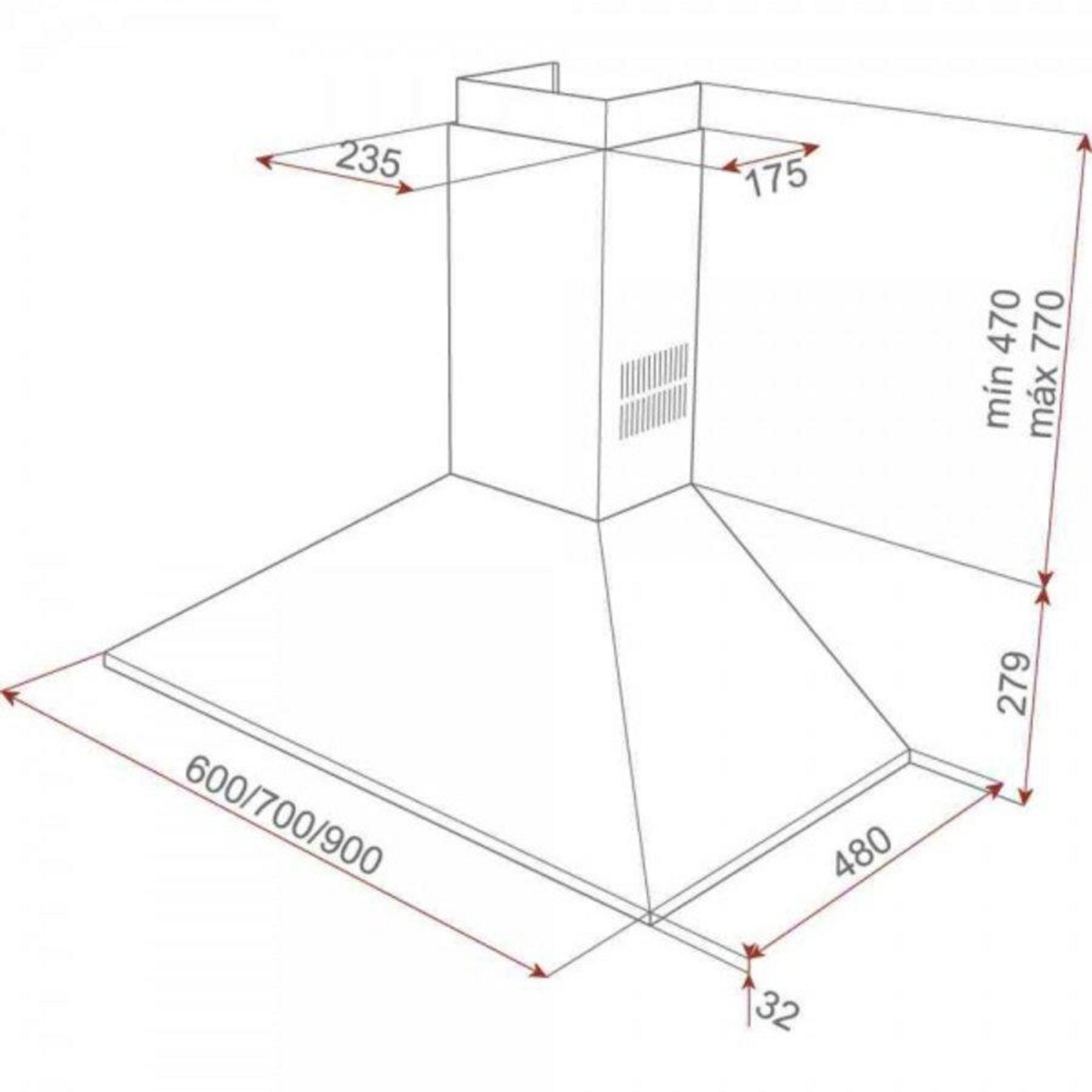 Dibujo técnico de una campana extractora con dimensiones.