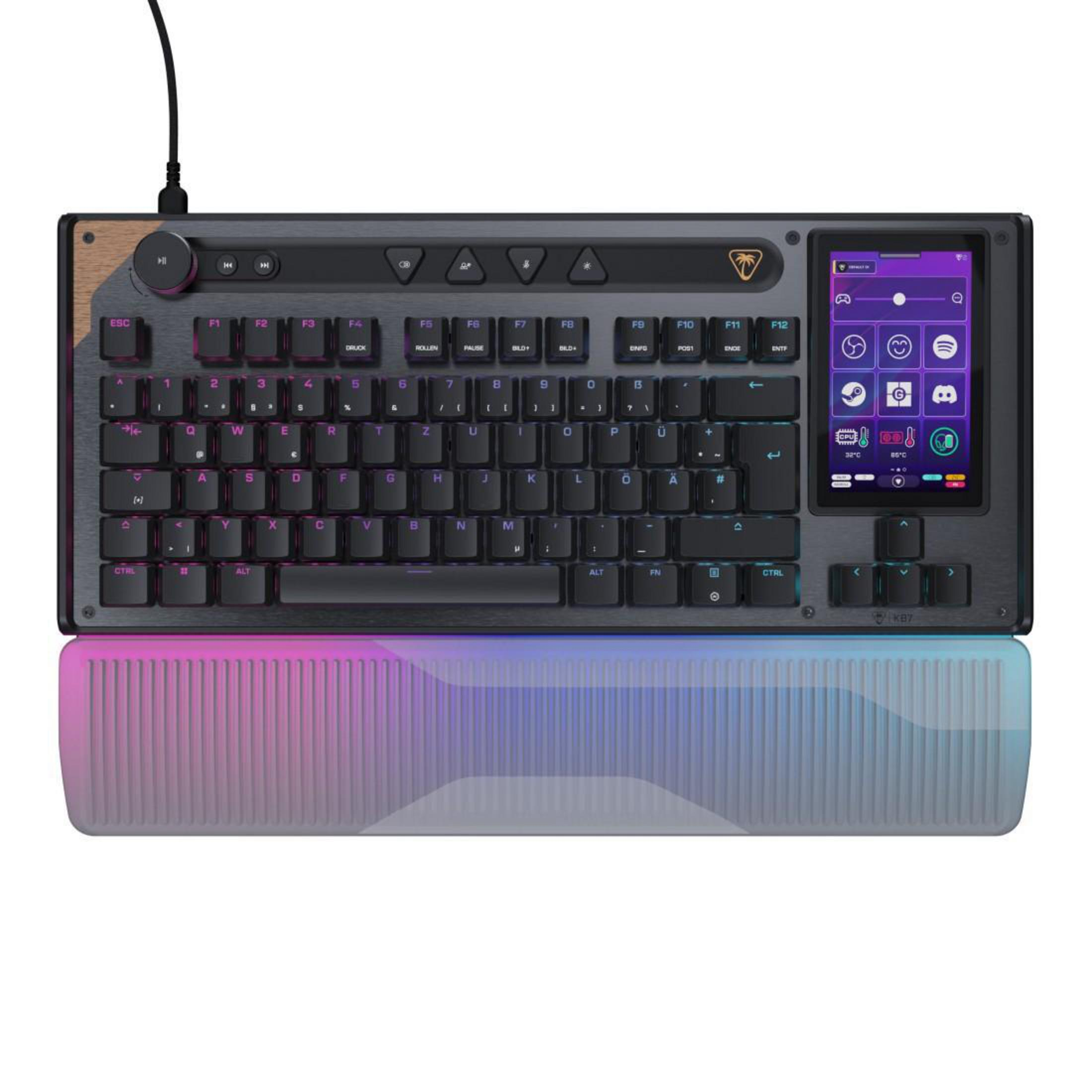 Eine schwarze Tastatur mit RGB-Beleuchtung, einem kleinen Bildschirm und einer Handgelenkauflage.