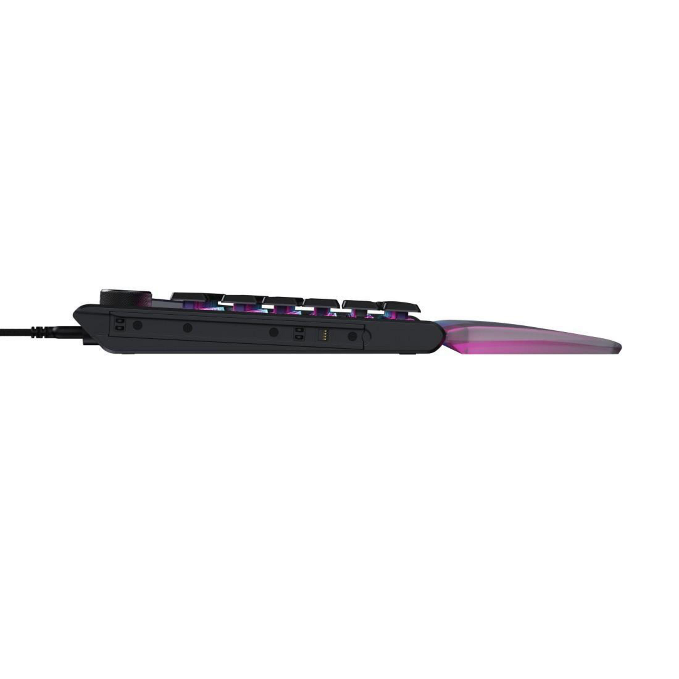Schwarze Tastatur mit RGB-Beleuchtung und abnehmbarer Handauflage.