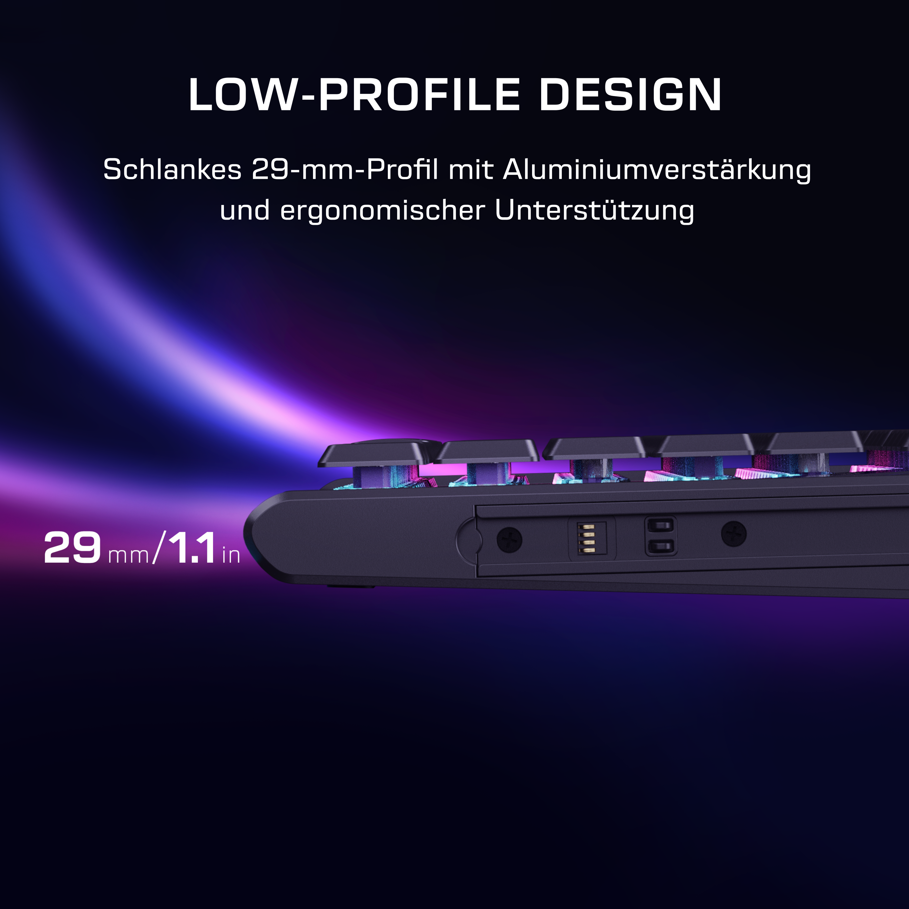 Schwarze Tastatur mit 29mm/1.1in niedrigem Profil, beleuchteten Tasten.