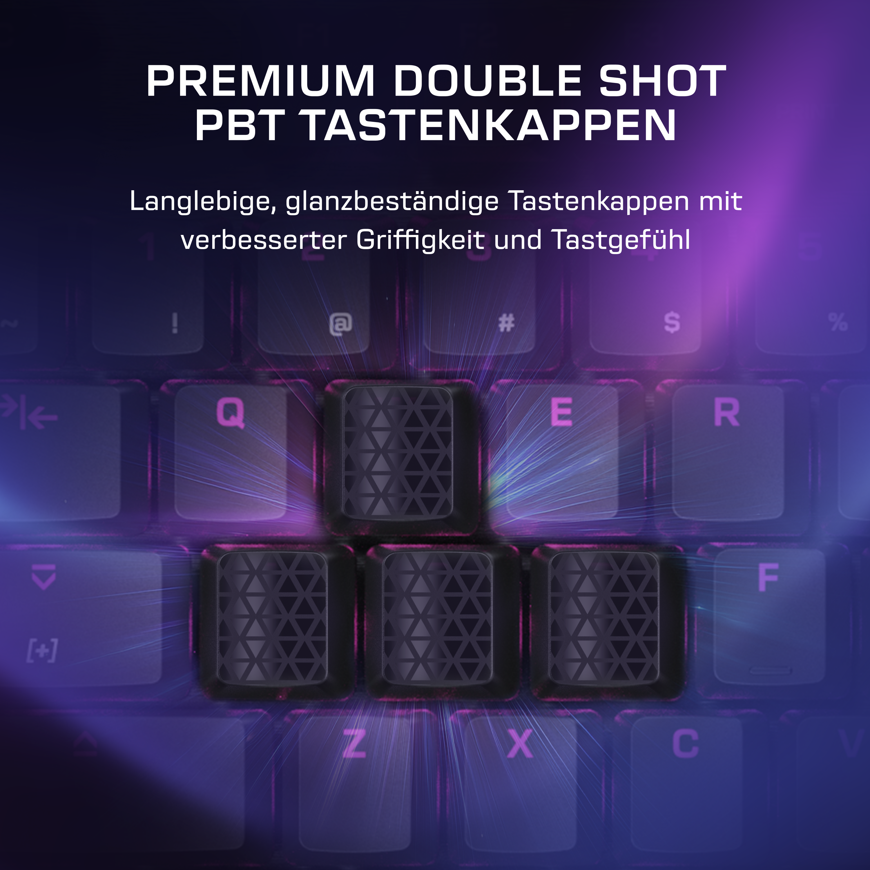 Schwarze Tastenkappen mit geometrischem Muster auf einer Tastatur.
