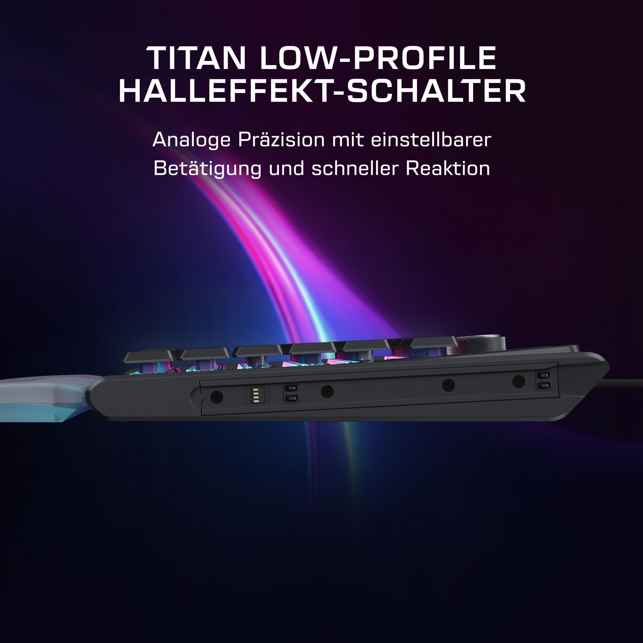 Ein schwarzes Keyboard-Profil mit pinken und blauen Lichtern. Texte: TITAN LOW-PROFILE HALL...
