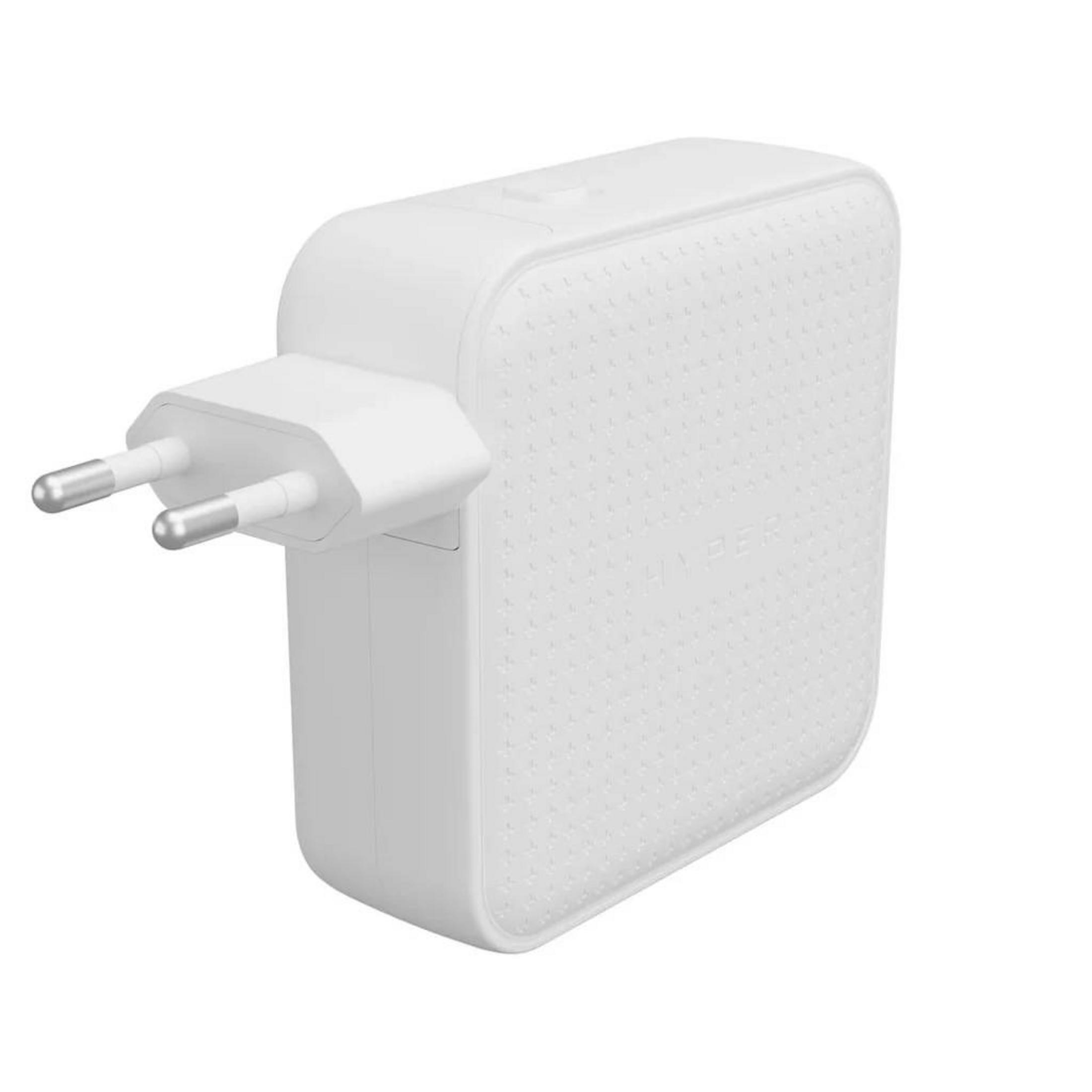 Un adaptador de corriente blanco con textura de puntos y clavijas plateadas.