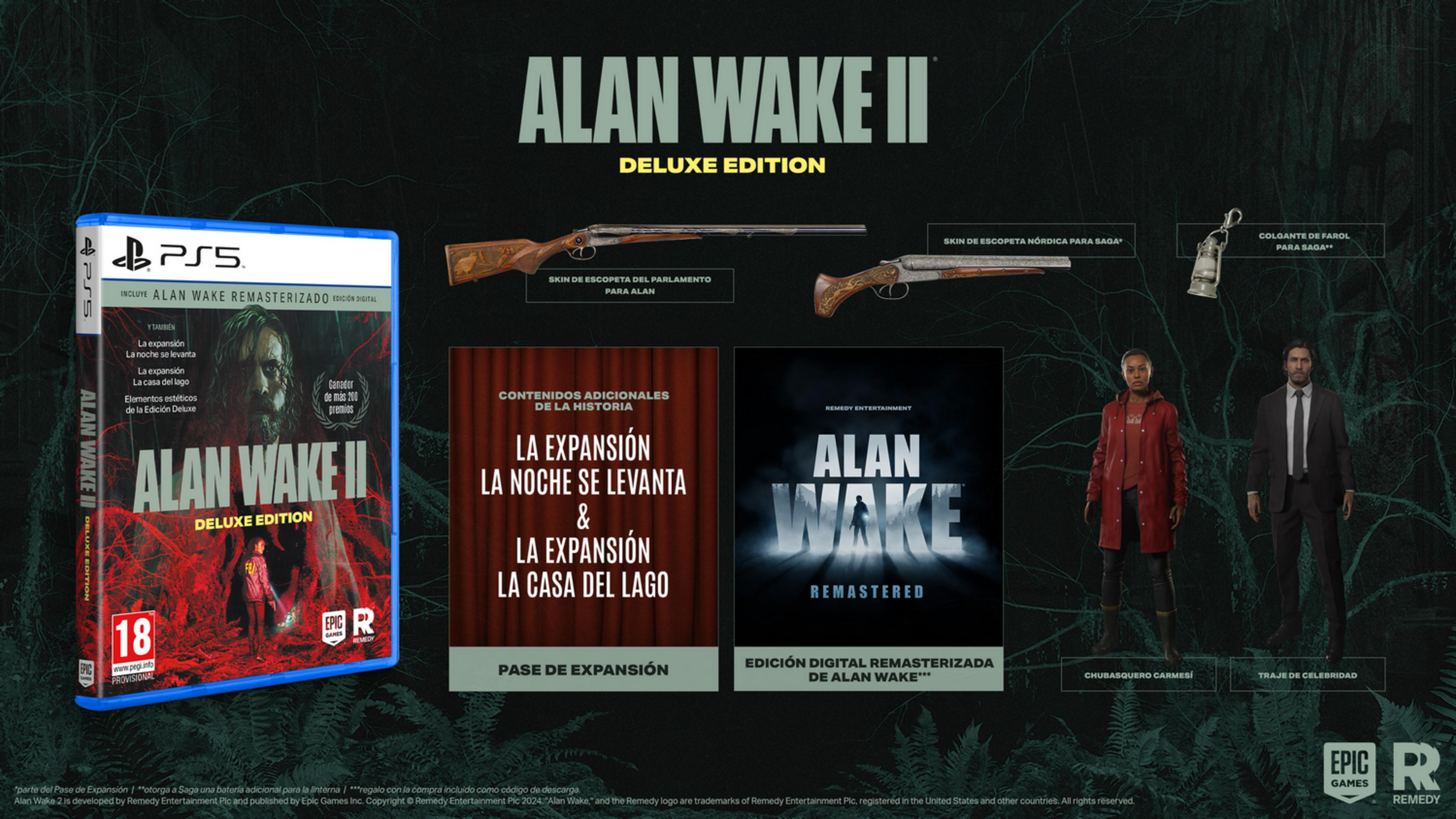 Portada de Alan Wake II Deluxe Edition, skins de armas, linterna, personajes y Alan Wake Remastered.