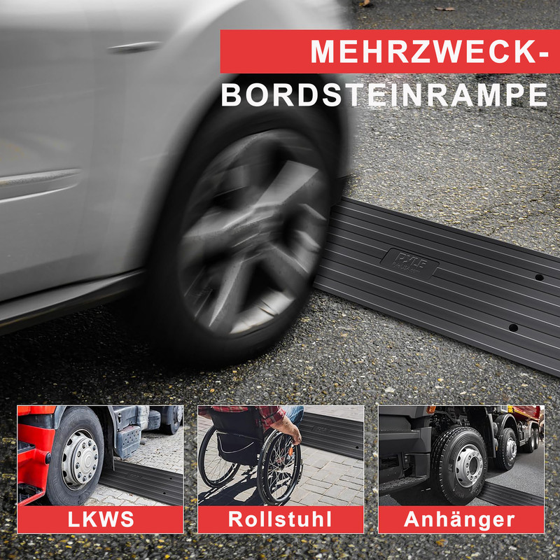Ein Auto fährt über eine schwarze Mehrzweck-Bordsteinrampe. Unten sind LKW, Rollstuhl und Anhänger abgebildet.