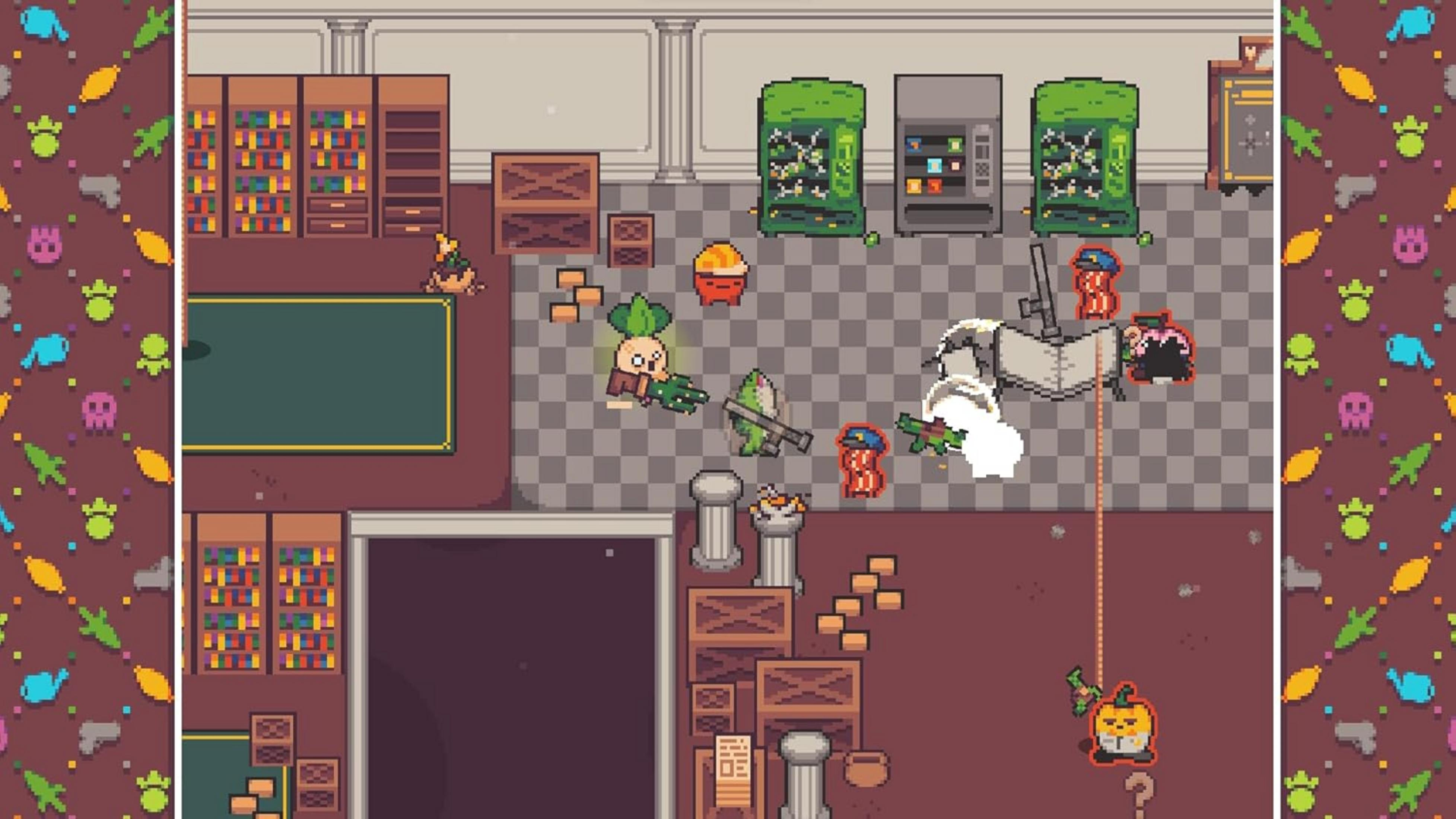 Scena pixel art con personaggi, armi e distributori automatici.