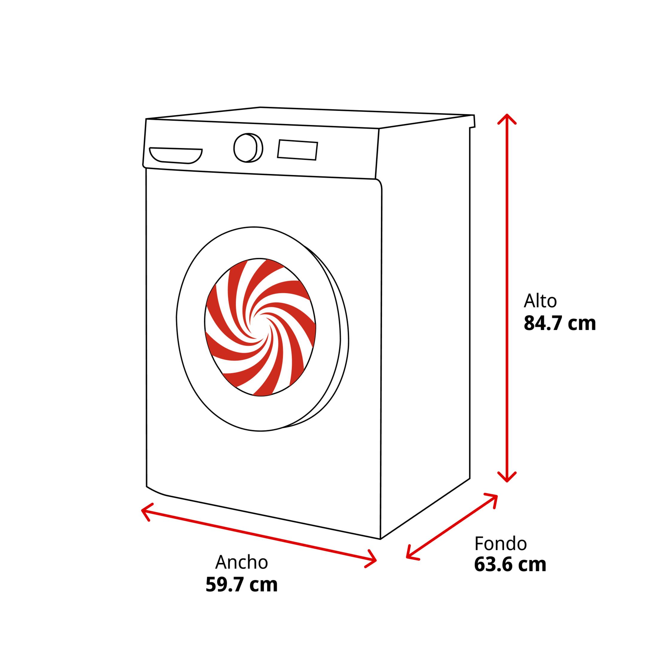 Una lavadora con dimensiones: alto 84,7 cm, ancho 59,7 cm, fondo 63,6 cm.