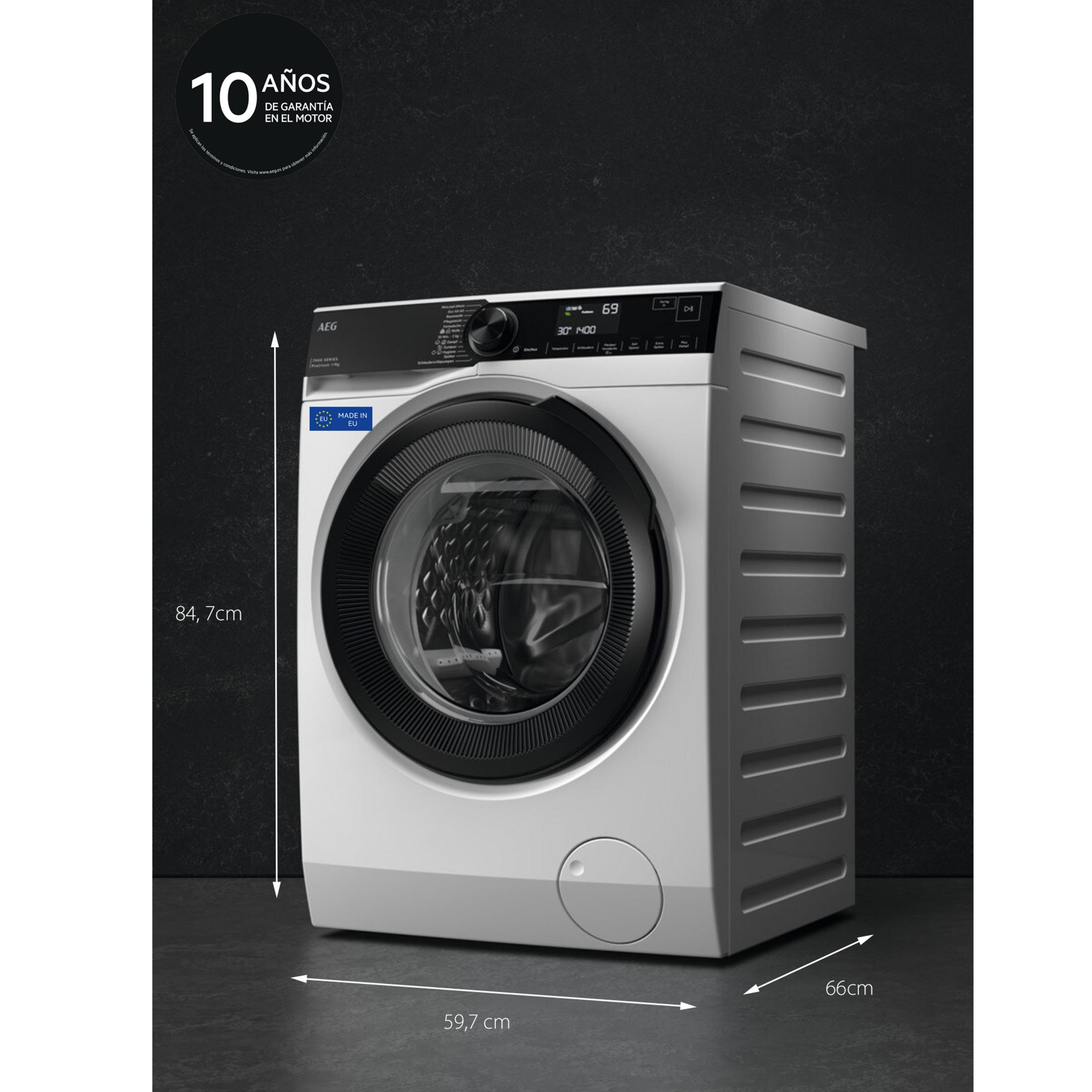 Lavadora AEG blanca con puerta y display negros. Medidas: 84.7cm Al, 59.7cm An, 66cm Pr.