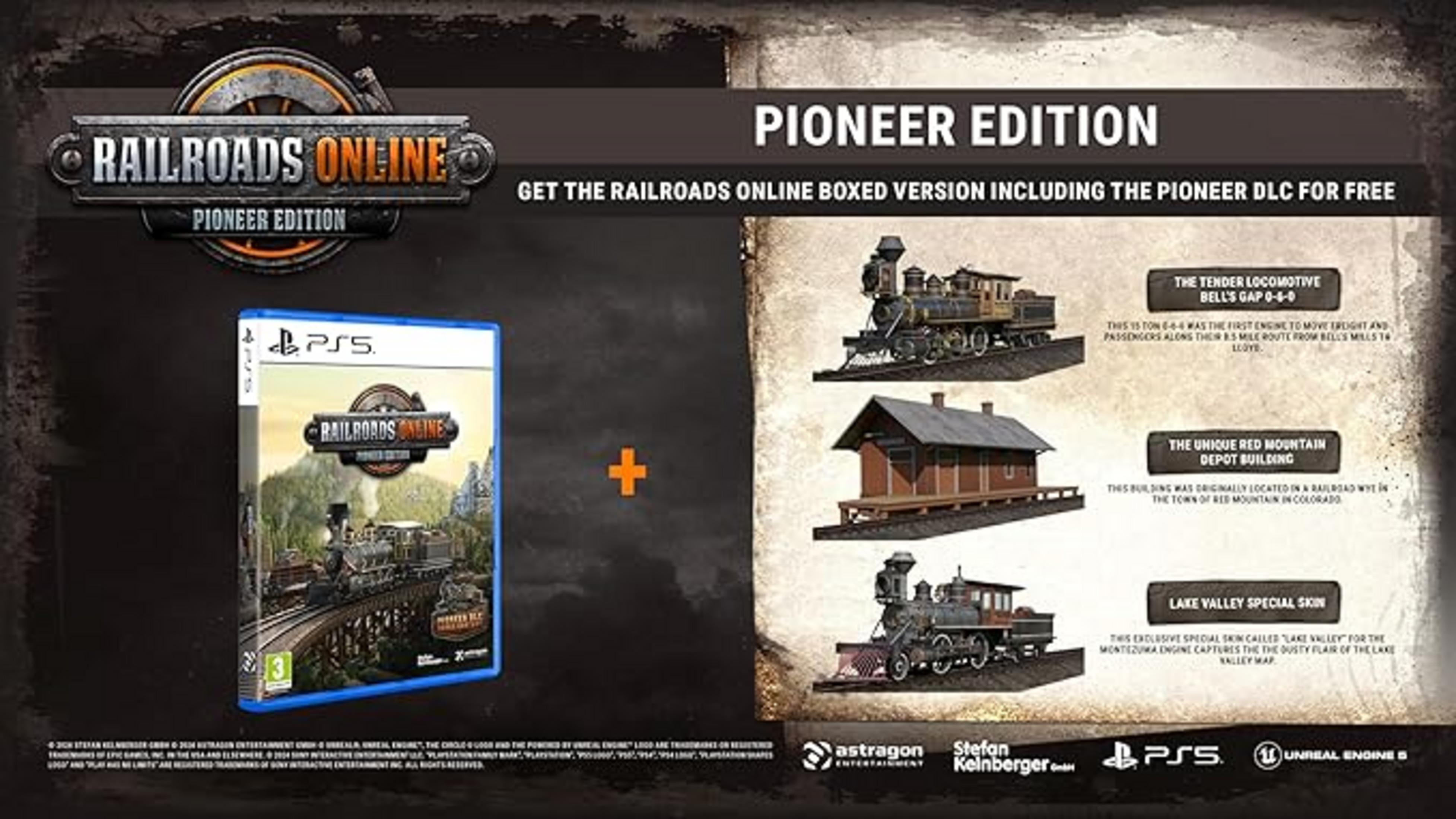 Juego PS5 "Railroads Online: Pioneer Edition" con locomotora, depósito y skin.