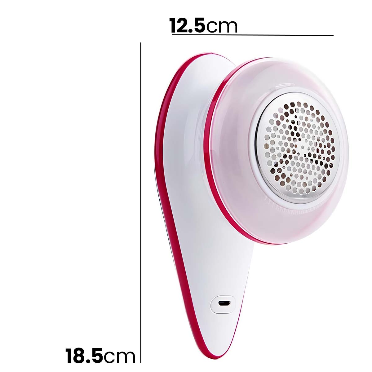 Ein weißer und pinker Fusselentferner mit Metallgitter und Ladeanschluss.