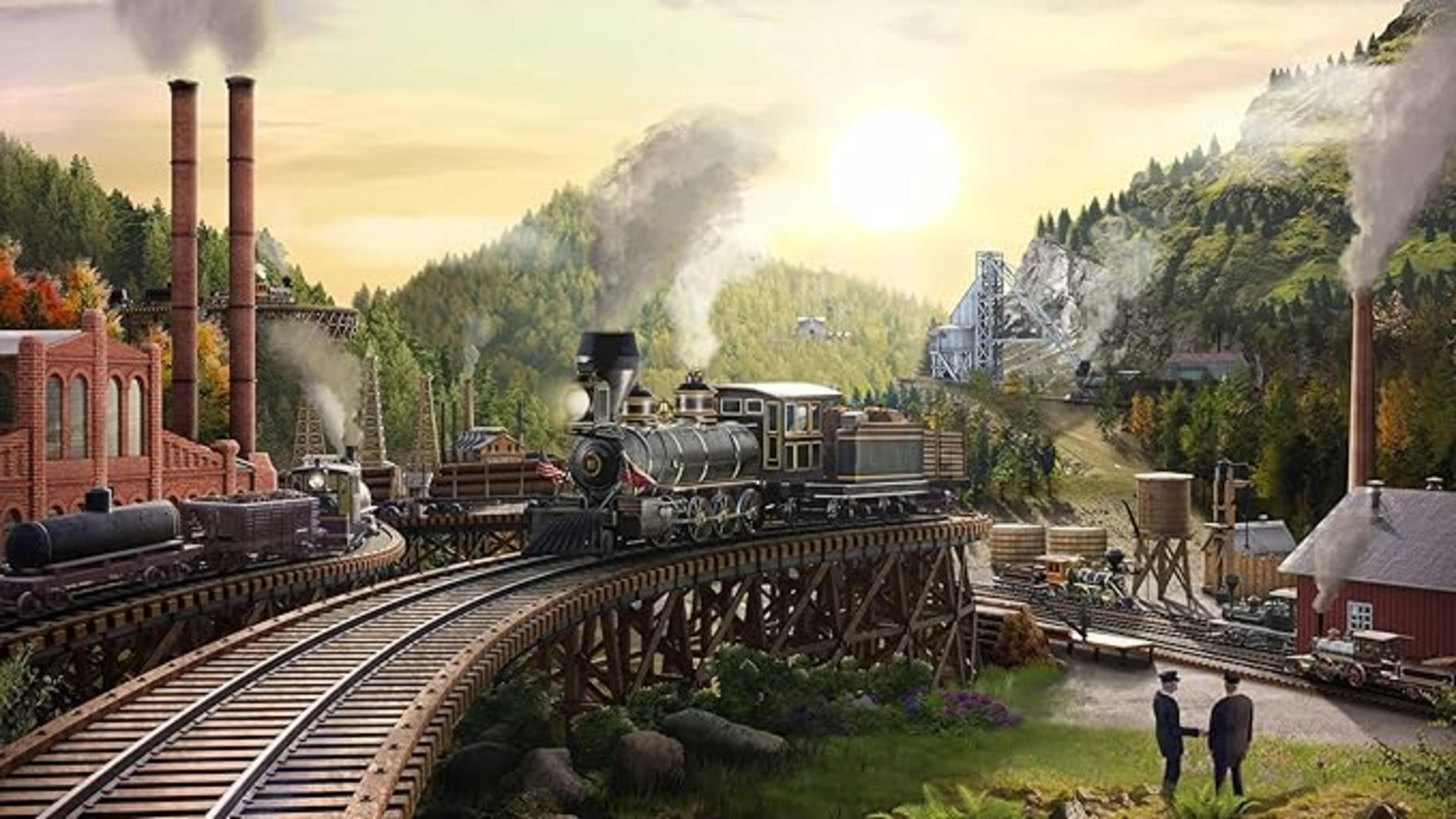 Trenes antiguos en vías de madera en un paisaje industrial pintoresco con montañas.