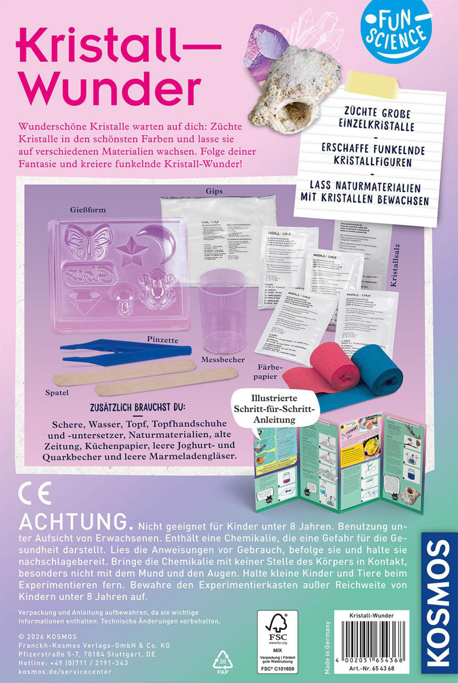 Ein Kristall-Wunder-Bastelset mit Gießformen, Pulvern, Pinzette, Becher und Anleitung.