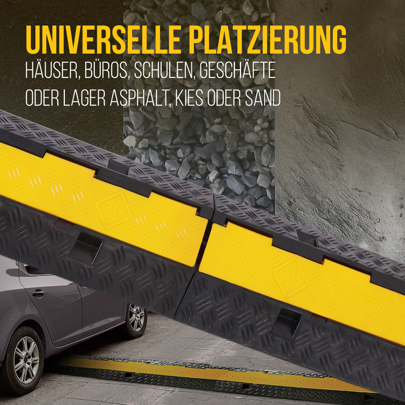 Schwarze und gelbe Kabelbrücke mit Warnsymbolen, neben einem Auto.