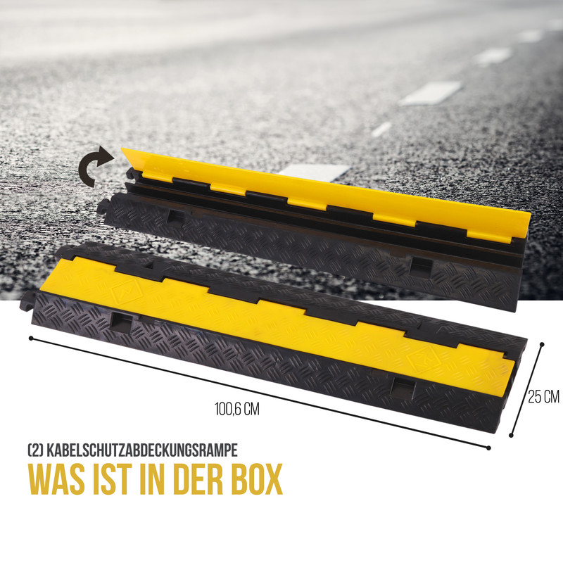 Zwei schwarze Kabelbrücken mit gelben Akzenten auf Asphalt.