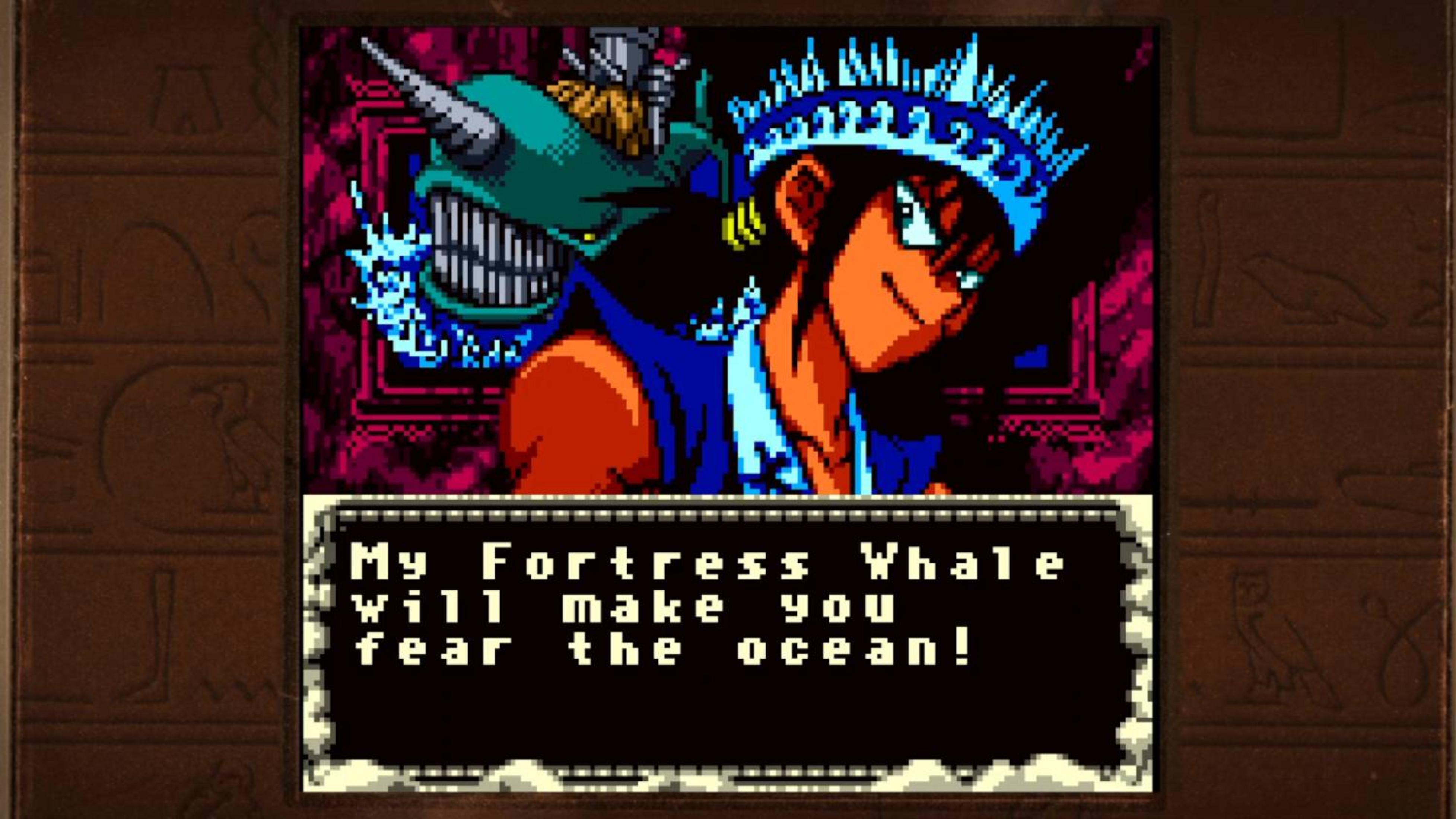 Personaggio anime con corona e mostro verde con corno. Testo: My Fortress Whale will make you fear the ocean!