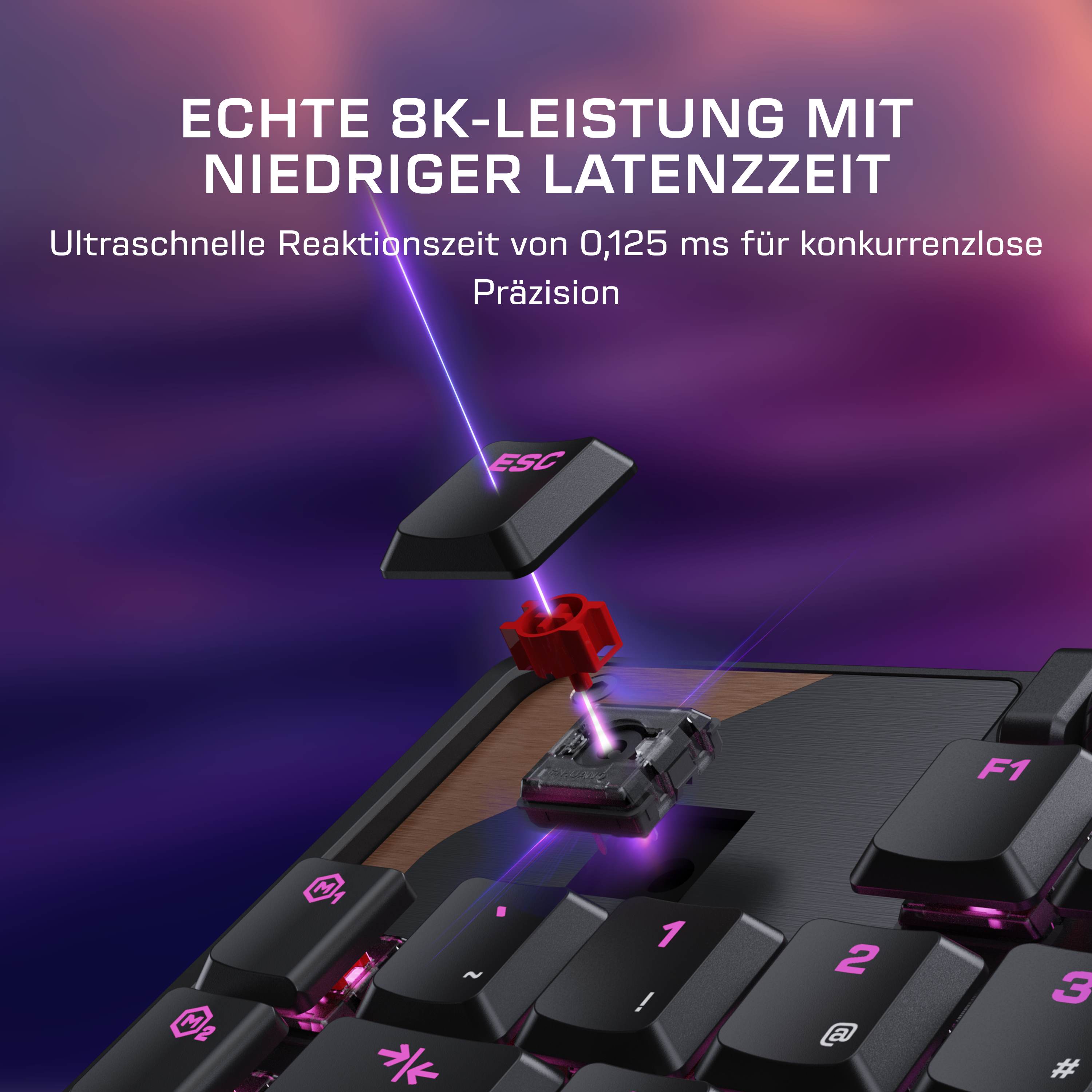 Schwarze ESC-Tastenkappe über rotem Tastenschalter und Basis. Lila Lichtstrahlen.