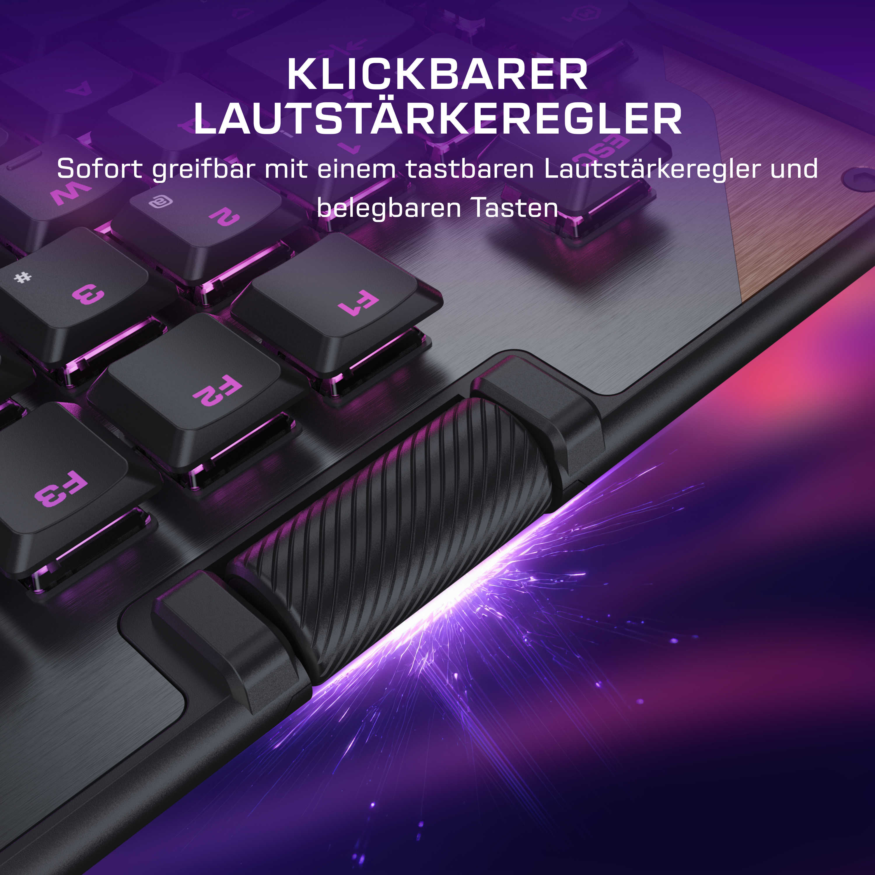 Schwarze Tastatur mit lila Hintergrundbeleuchtung und einem Lautstärkeregler.
