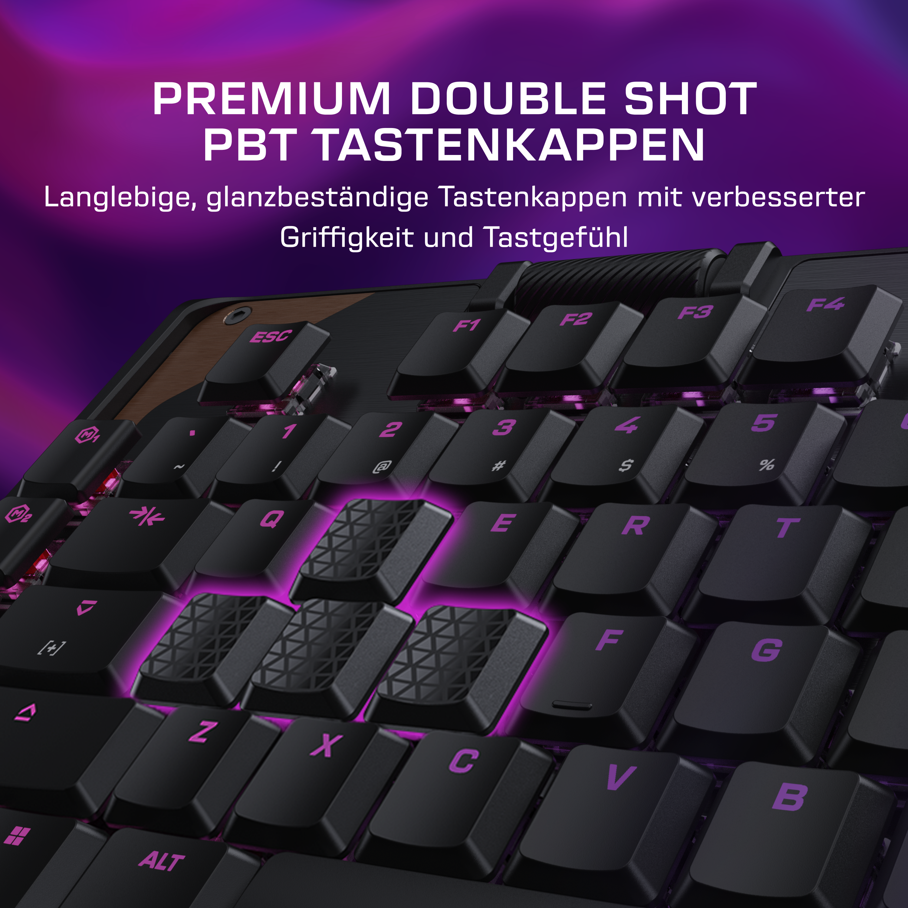 Schwarze Tastatur mit pinker Beleuchtung und Text.