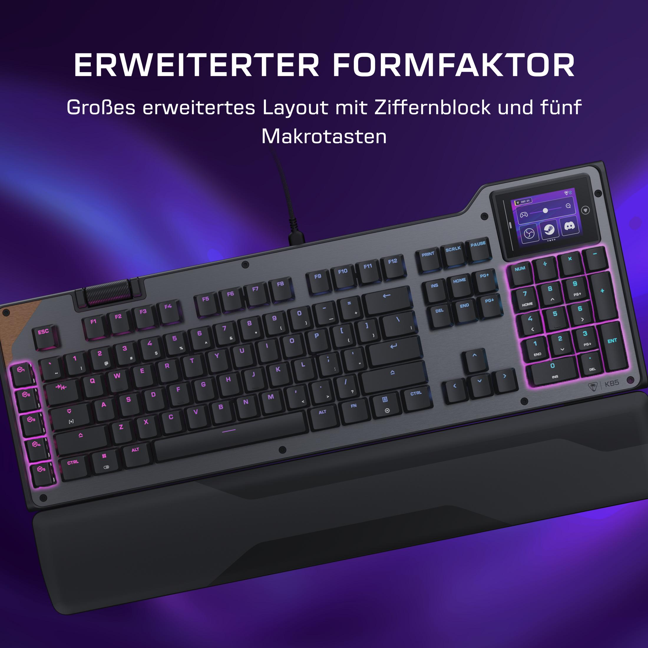 Eine schwarze Tastatur mit rosa Hintergrundbeleuchtung und einem kleinen Bildschirm.