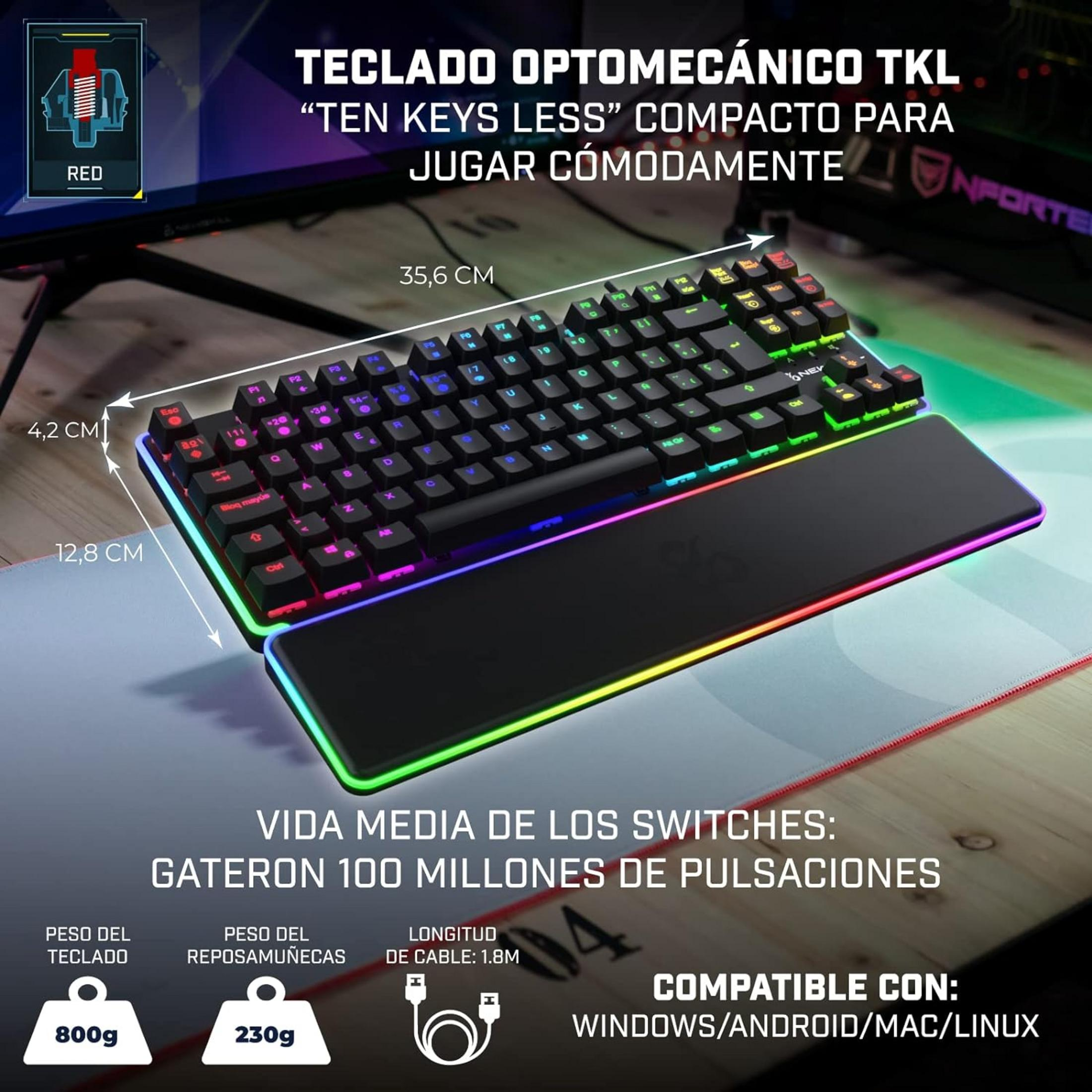 Una tastiera gaming TKL nera e compatta con illuminazione RGB e poggiapolsi staccabile.