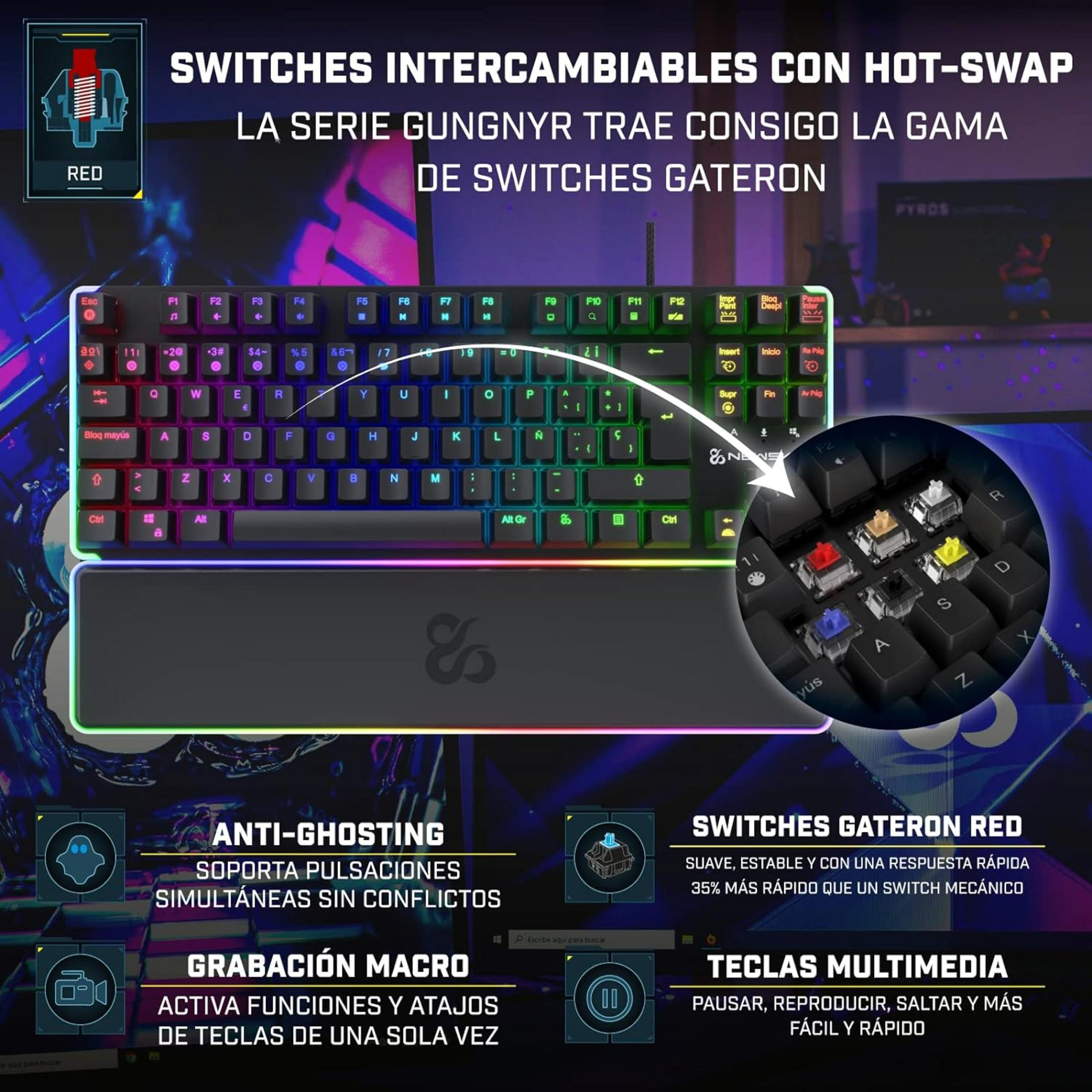 Tastiera gaming con switch Gateron rossi, illuminazione RGB e funzioni macro.