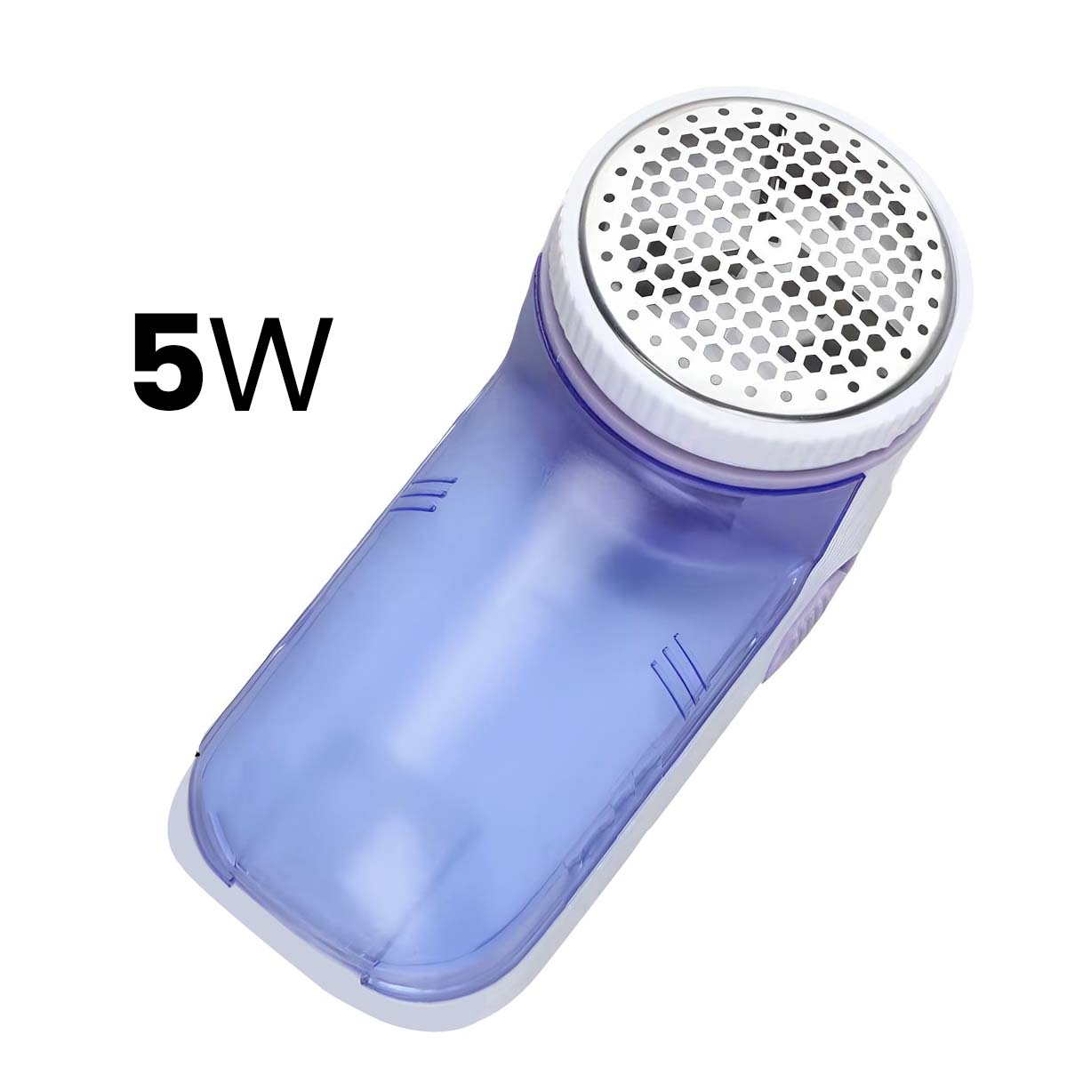 Ein weißer und violetter Fusselentferner mit 5W Aufschrift.