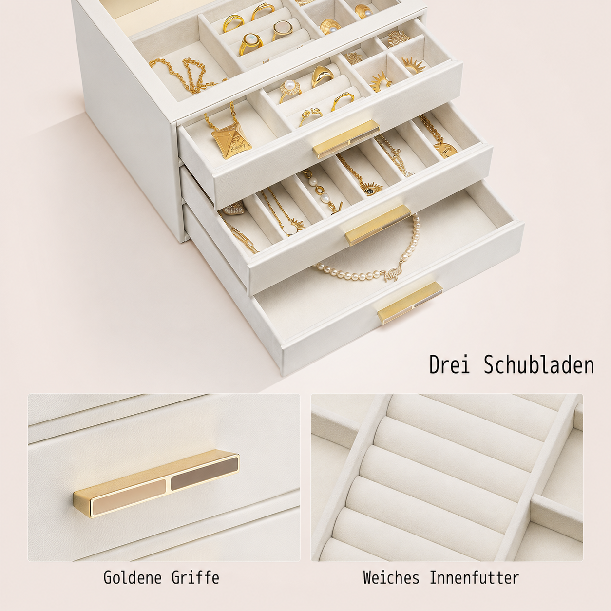 Eine weiße Schmuckschatulle mit drei Schubladen, goldenen Griffen und weichem Innenfutter.