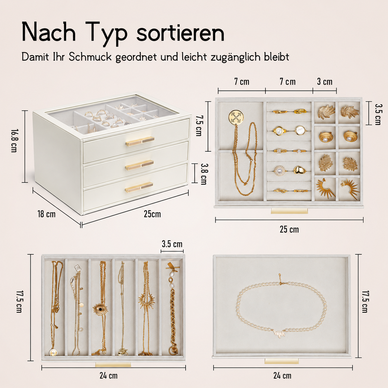 Beige Schmuckaufbewahrung mit drei Schubladen und Einsätzen f ür Ringe, Ketten und Ohrringe.