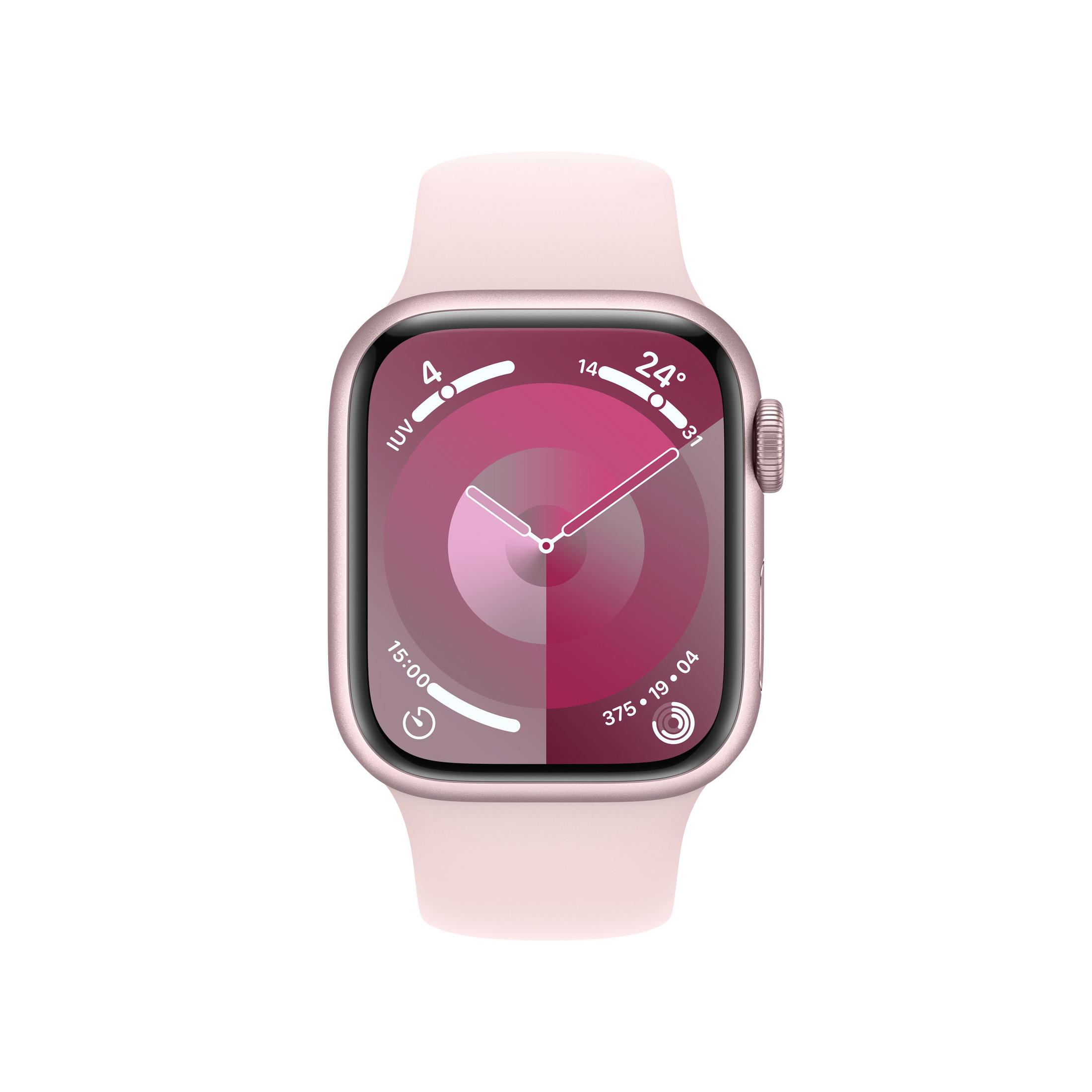 Uno smartwatch rosa con quadrante digitale e cinturino rosa.