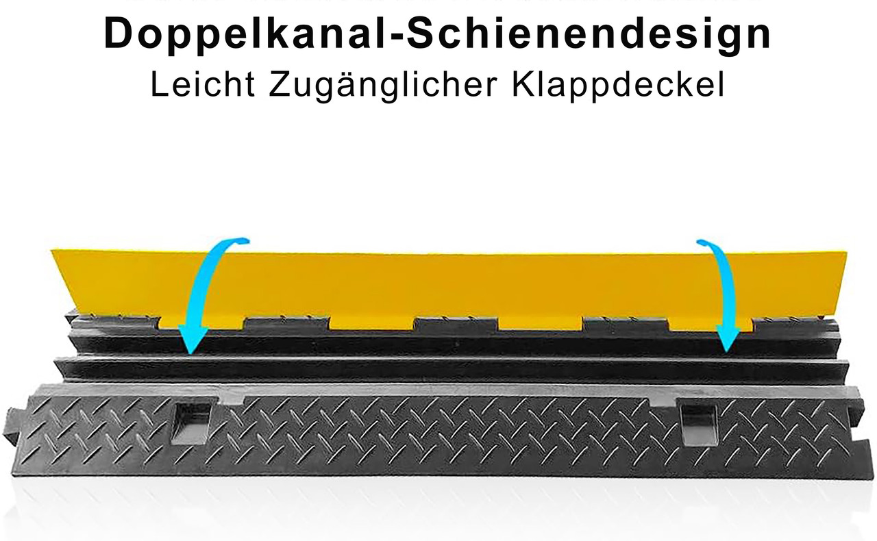 Schwarzer Kabelbrücken-Protektor mit gelber Klappe und blauen Pfeilen.