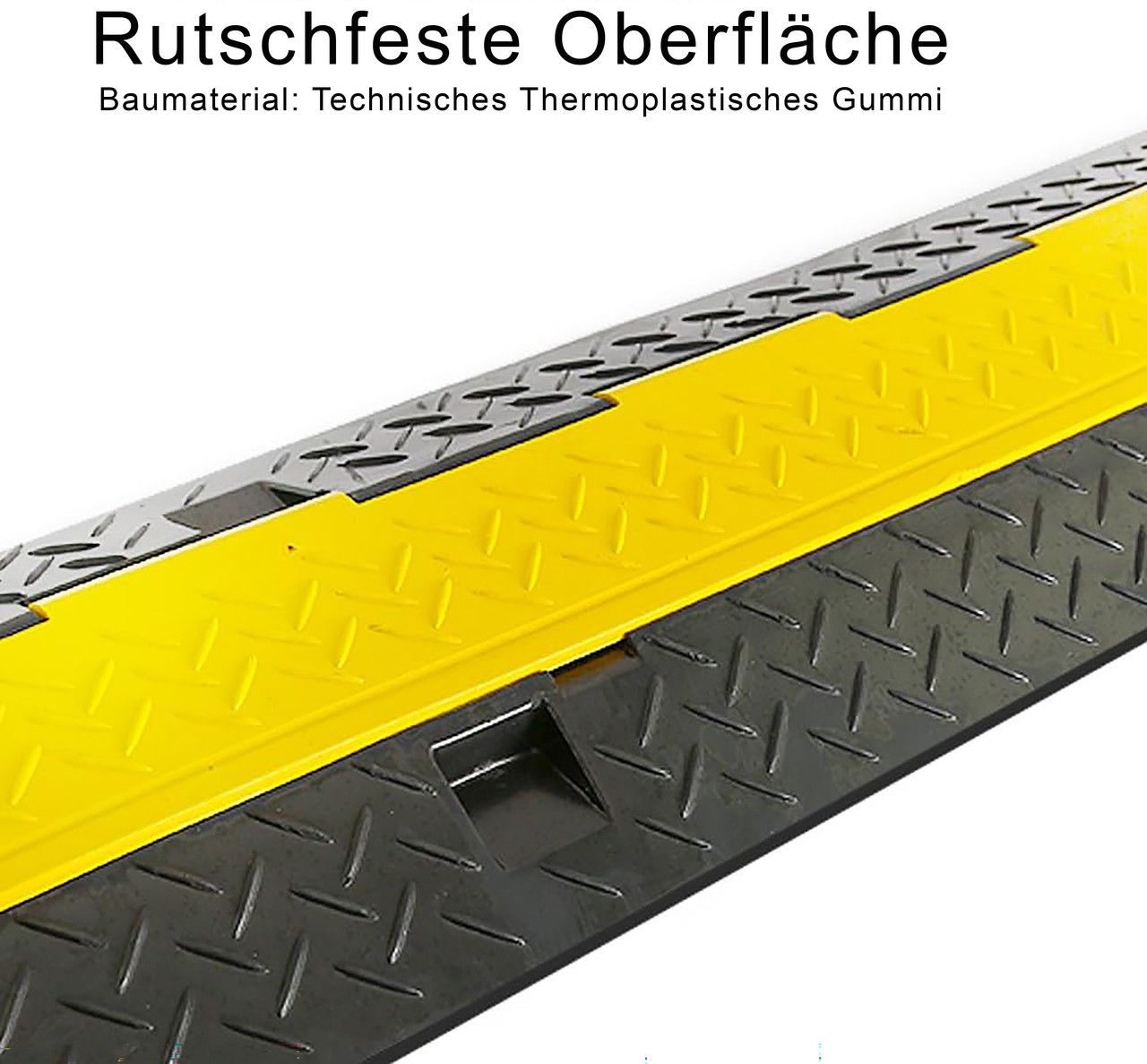 Rutschfeste Oberfläche: Schwarzer Gummi mit gelbem Streifen, strukturiert.