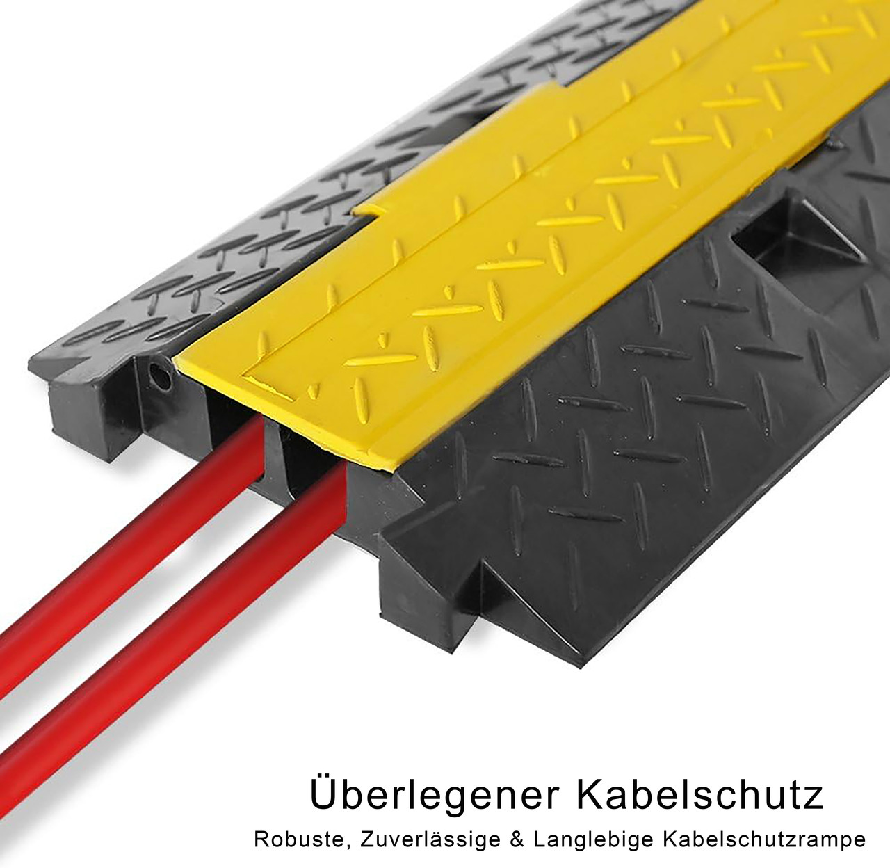 Gelbe und schwarze Kabelbrücke mit zwei roten Kabeln.