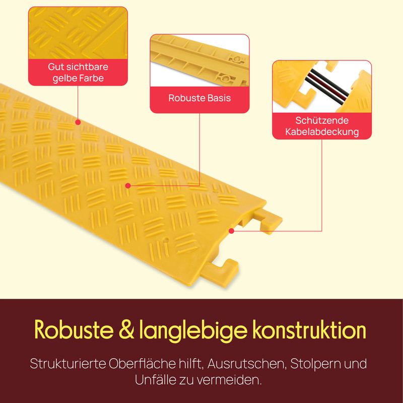 Gelbe Kabelbrücke mit robuster Basis und Kabelschutz. Strukturierte Oberfläche.