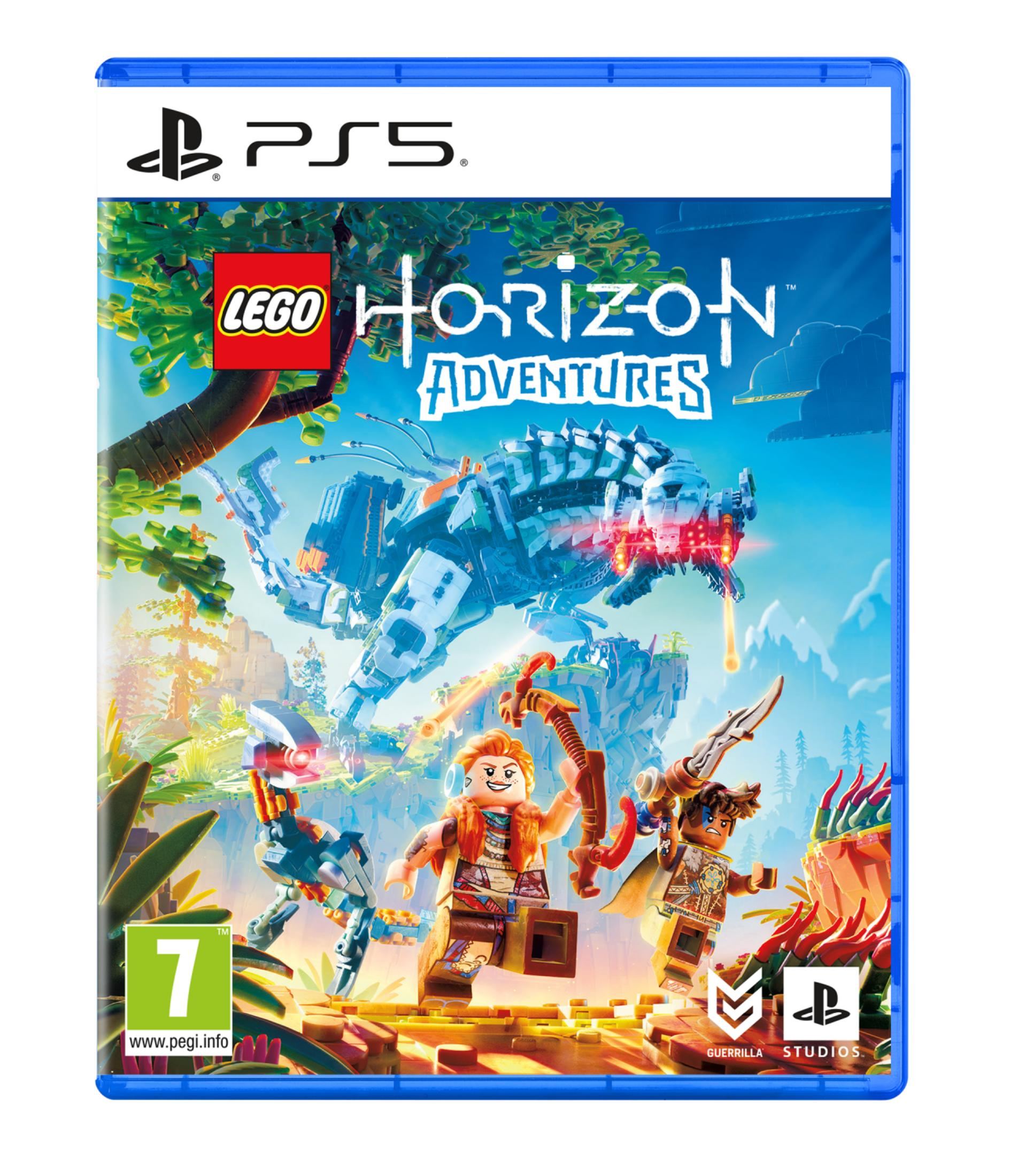 Copertina del gioco Lego Horizon Adventures PS5 con figure e un dinosauro robot.