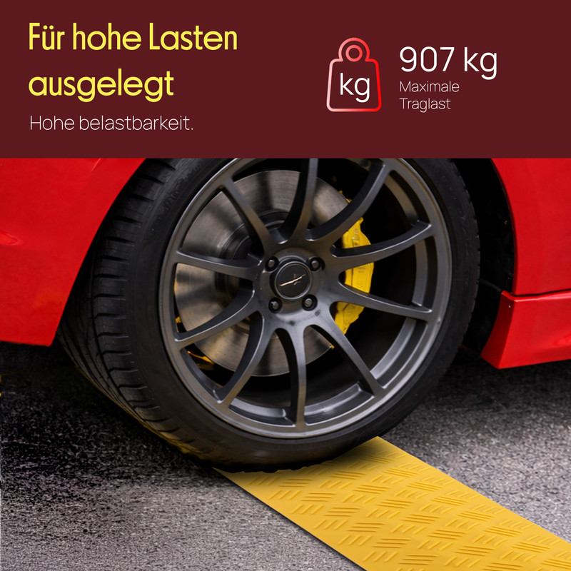Rotes Auto Rad auf gelber Rampe, 907 kg Traglast.