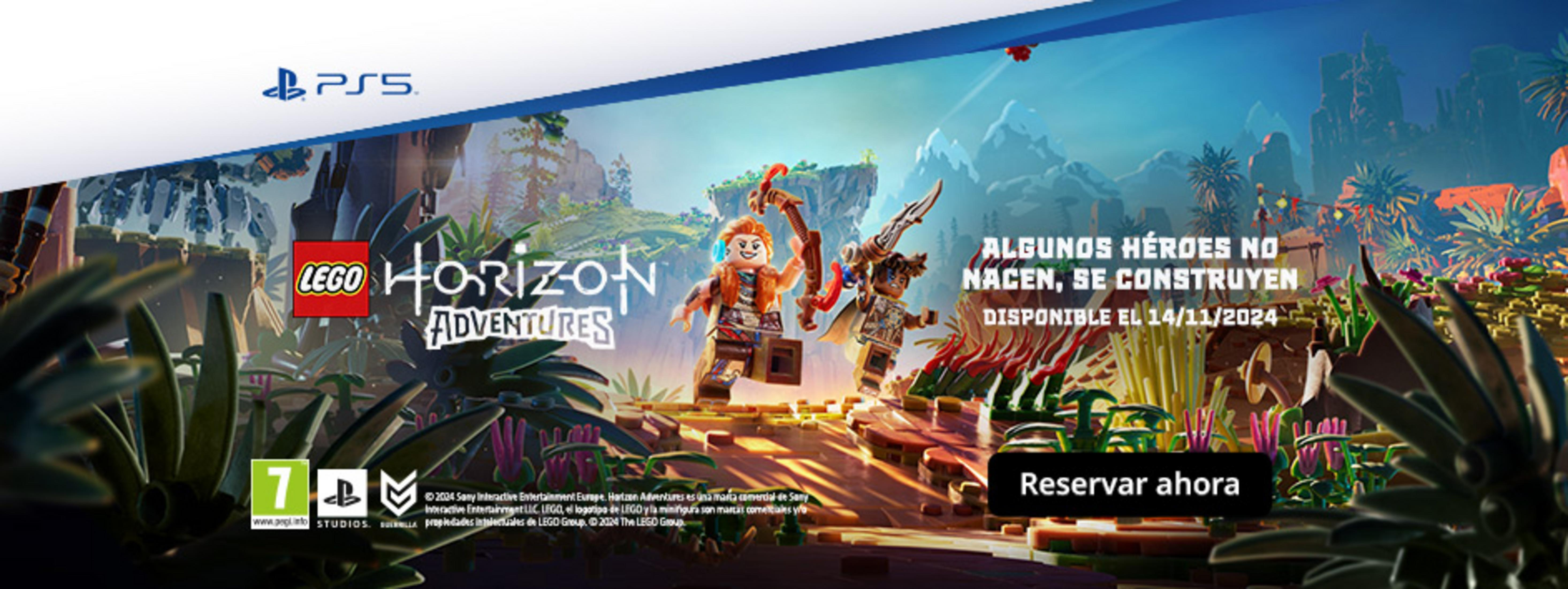 Figure Lego nel gioco Lego Horizon Adventures su un paesaggio roccioso colorato.