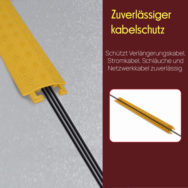Gelber Kabelkanal mit drei schwarzen Kabeln. Aufschrift in Deutsch.