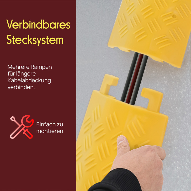 Gelbe Kabelbrücken mit roten und schwarzen Kabeln, die verbunden werden.