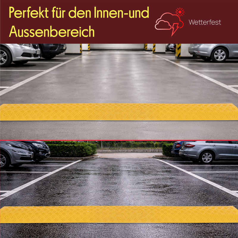 Gelbe Schwellen in einem Parkhaus und im Freien, Autos geparkt.