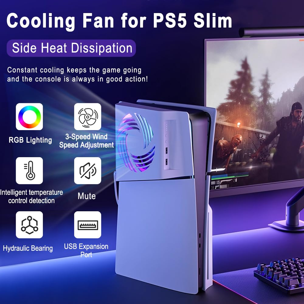 PS5 Slim Konsole mit RGB-Lüfter, Temperaturkontrolle, Mute, Hydrauliklager & USB.