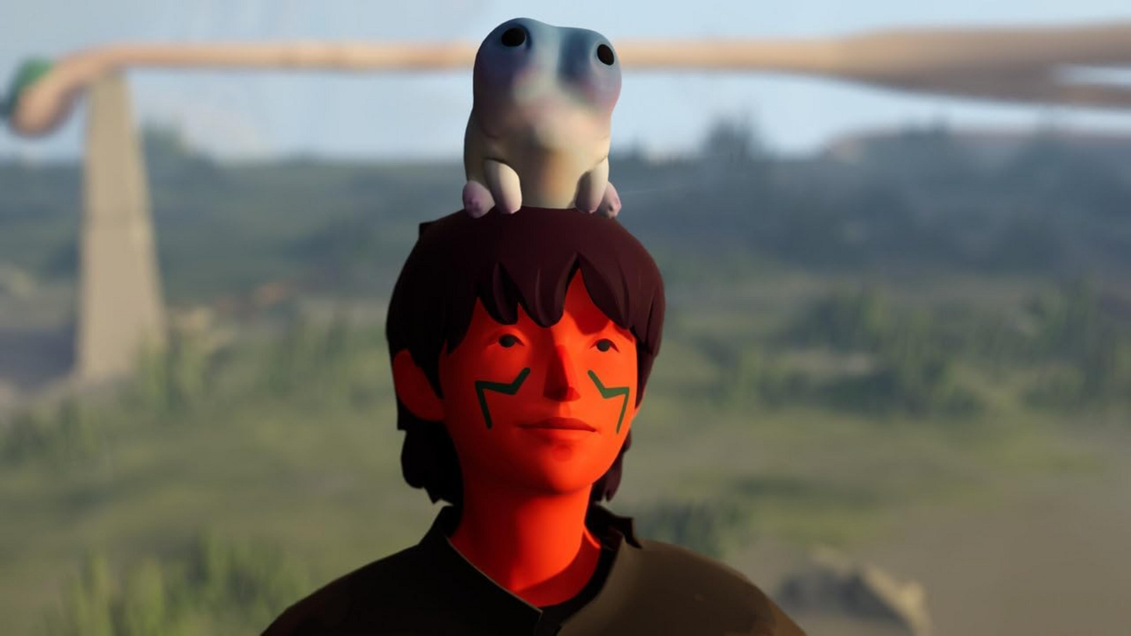 Un ragazzo con la pelle rossa e segni verdi ha una piccola creatura blu sulla testa.