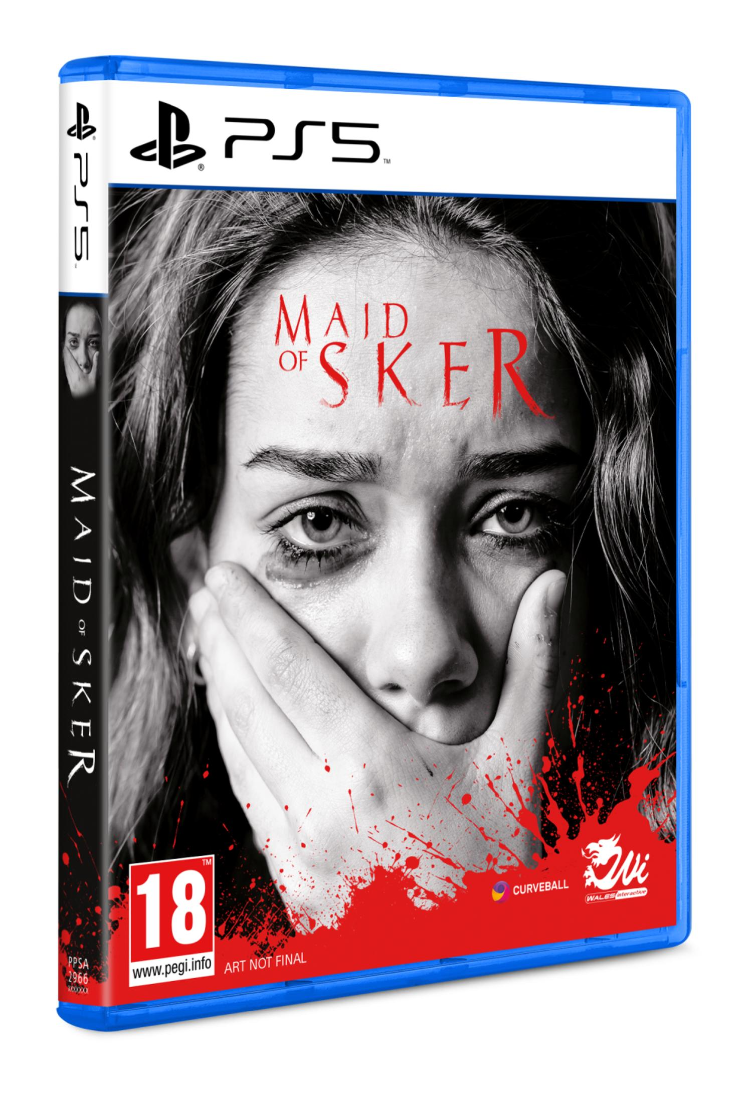 Custodia gioco PS5 con copertina insanguinata: donna si copre la bocca, testo 'Maid of Sker'.