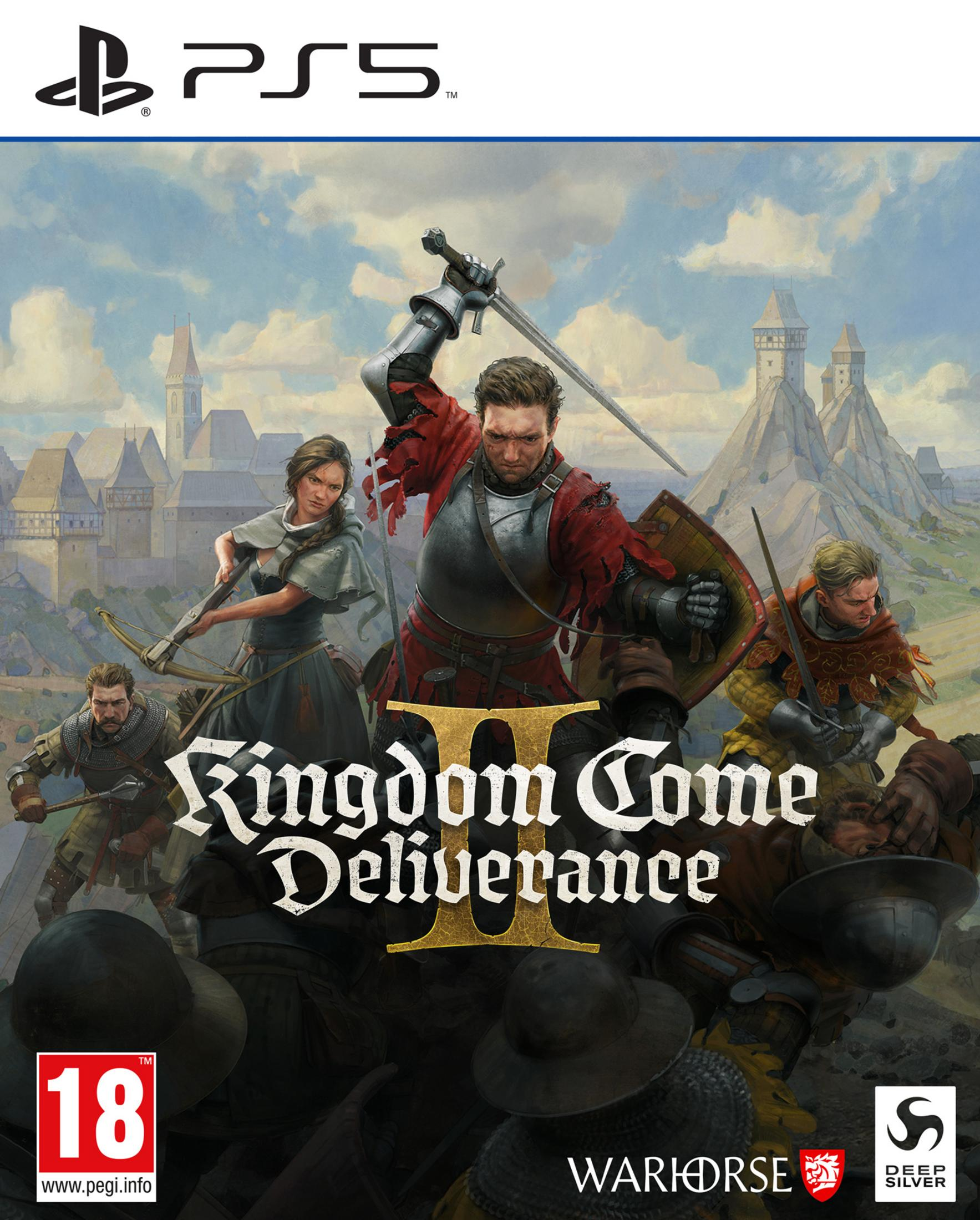 La copertina di Kingdom Come Deliverance II PS5 mostra cavalieri in battaglia davanti a un castello.