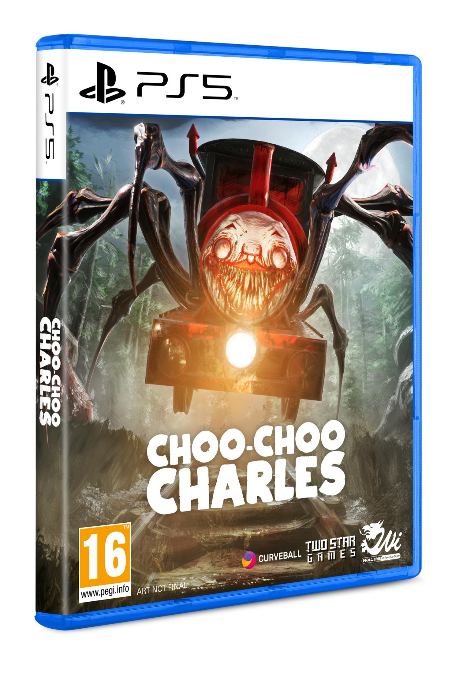 Treno horror con zampe di ragno davanti a foresta e luna. Copertina PS5.