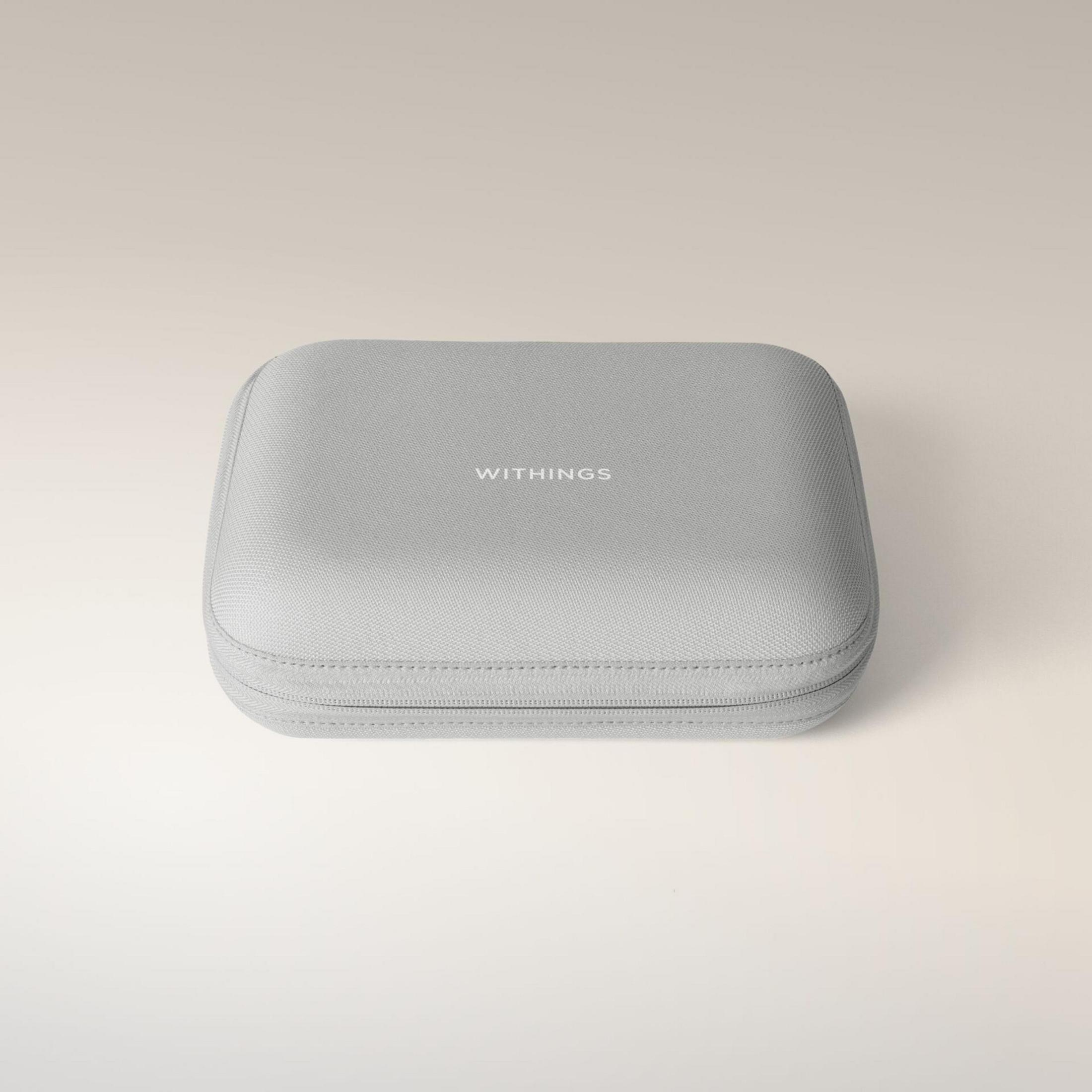 Szara torba na zamek z logo 'Withings' na neutralnym tle.