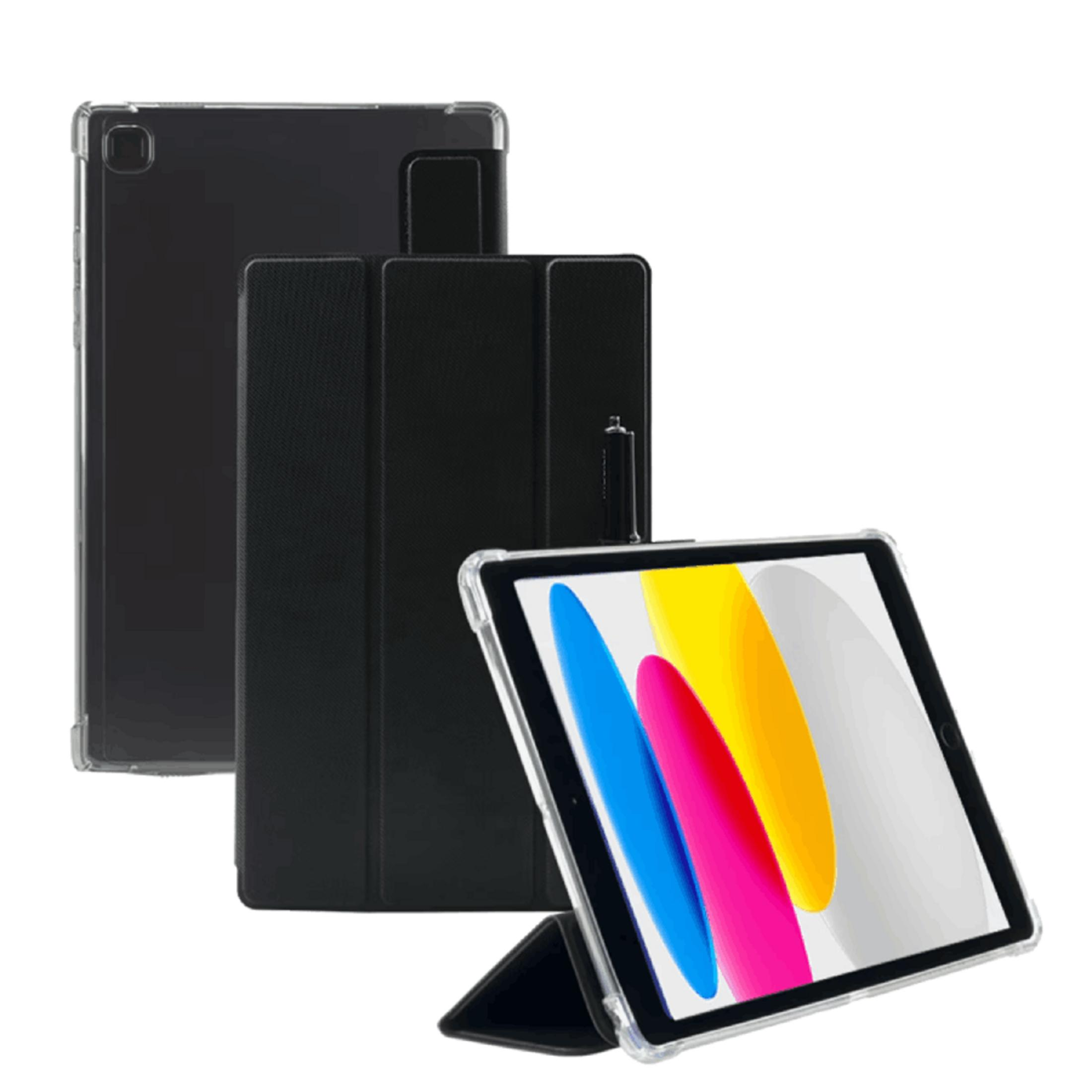 Tres fundas de tableta negras y una tableta con fondo colorido.